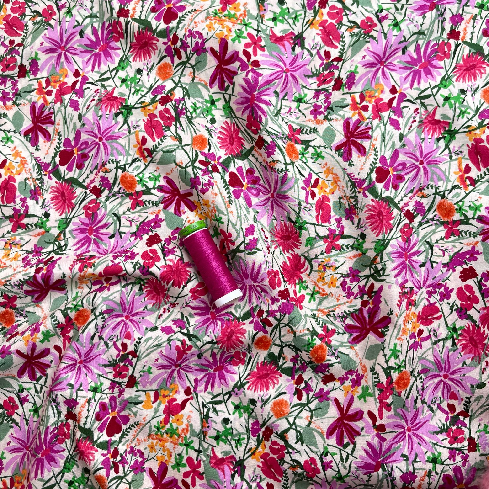 Magenta Meadow on White Cotton Lawn Fabric