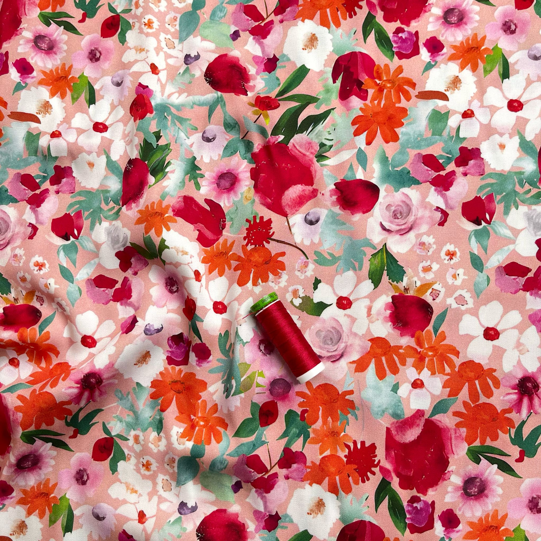 Painted Pink Meadow Viscose Sateen Fabric