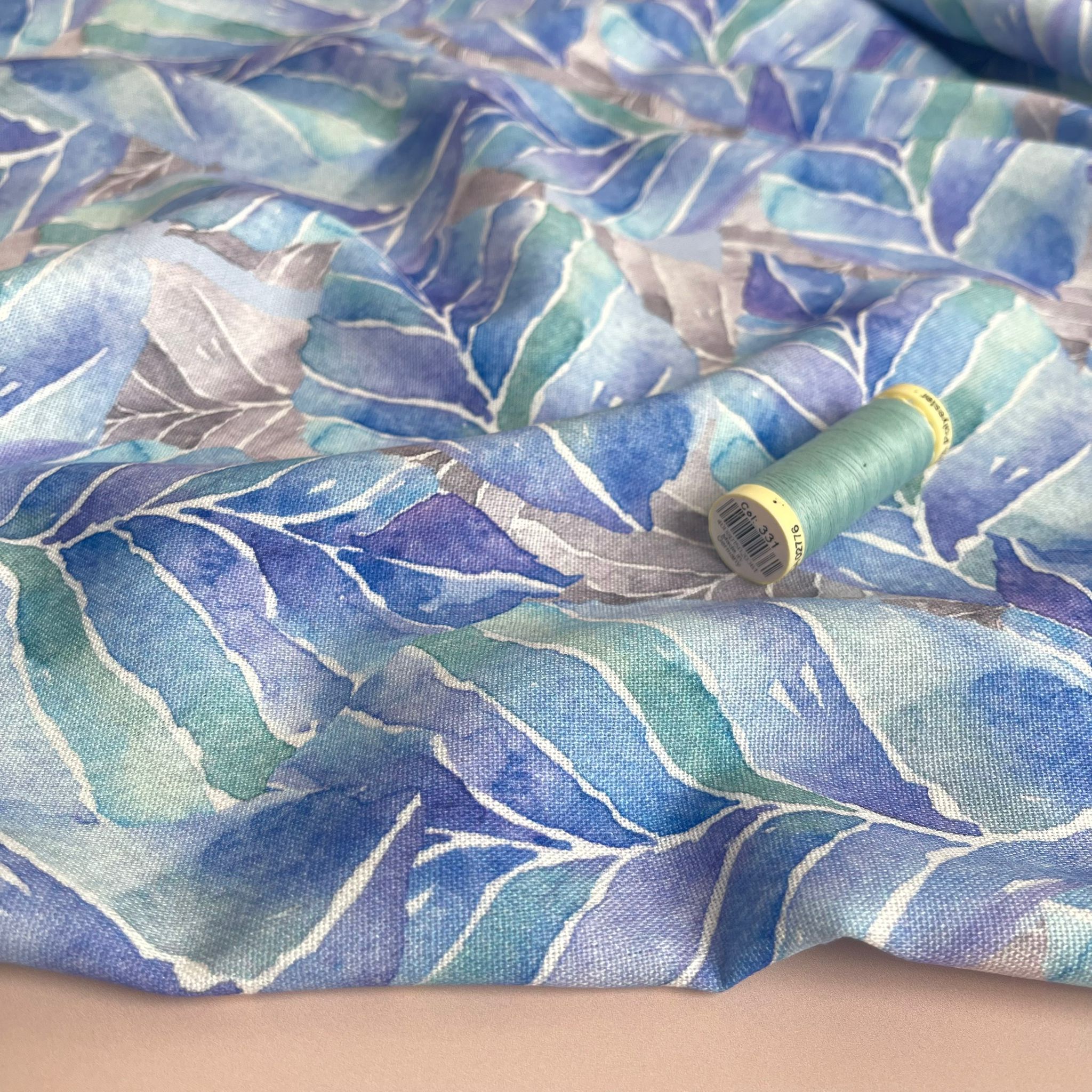 Aqua Leaves Viscose Linen Fabric