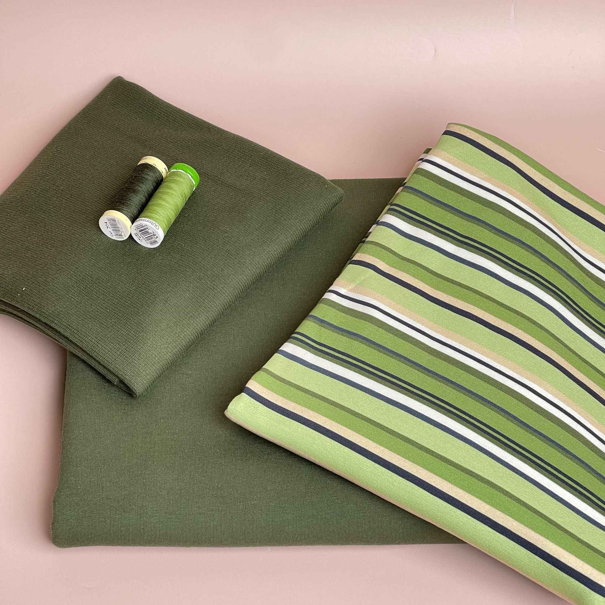 Make an Outfit Colour Bundle - Meadow Green Stripes Cotton Jersey with French Terry & Ribbing