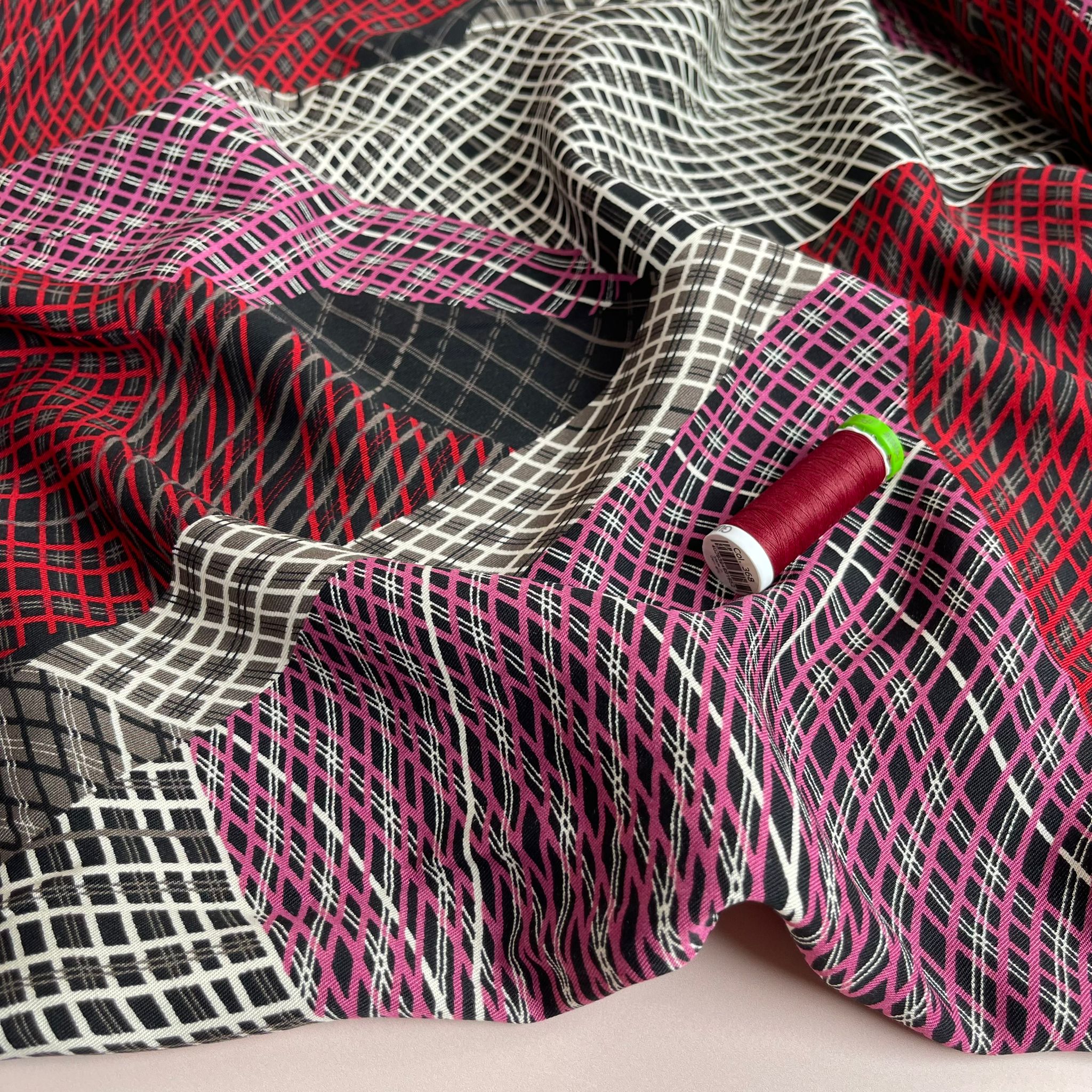 Red and Pink Abstract Grids Viscose Twill Fabric