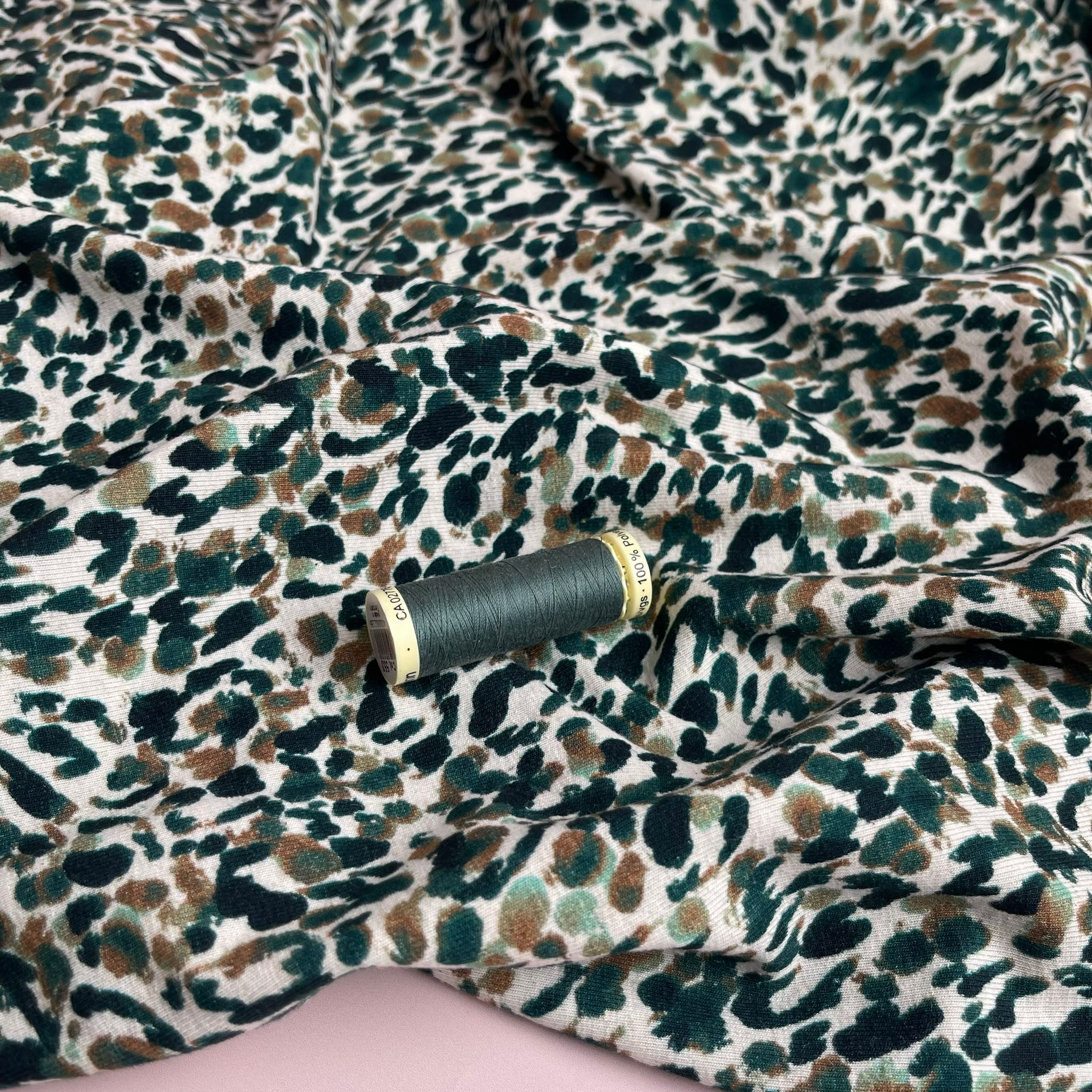 REMNANT 1.29 Metres - Green Leopard Linen Cotton Jersey