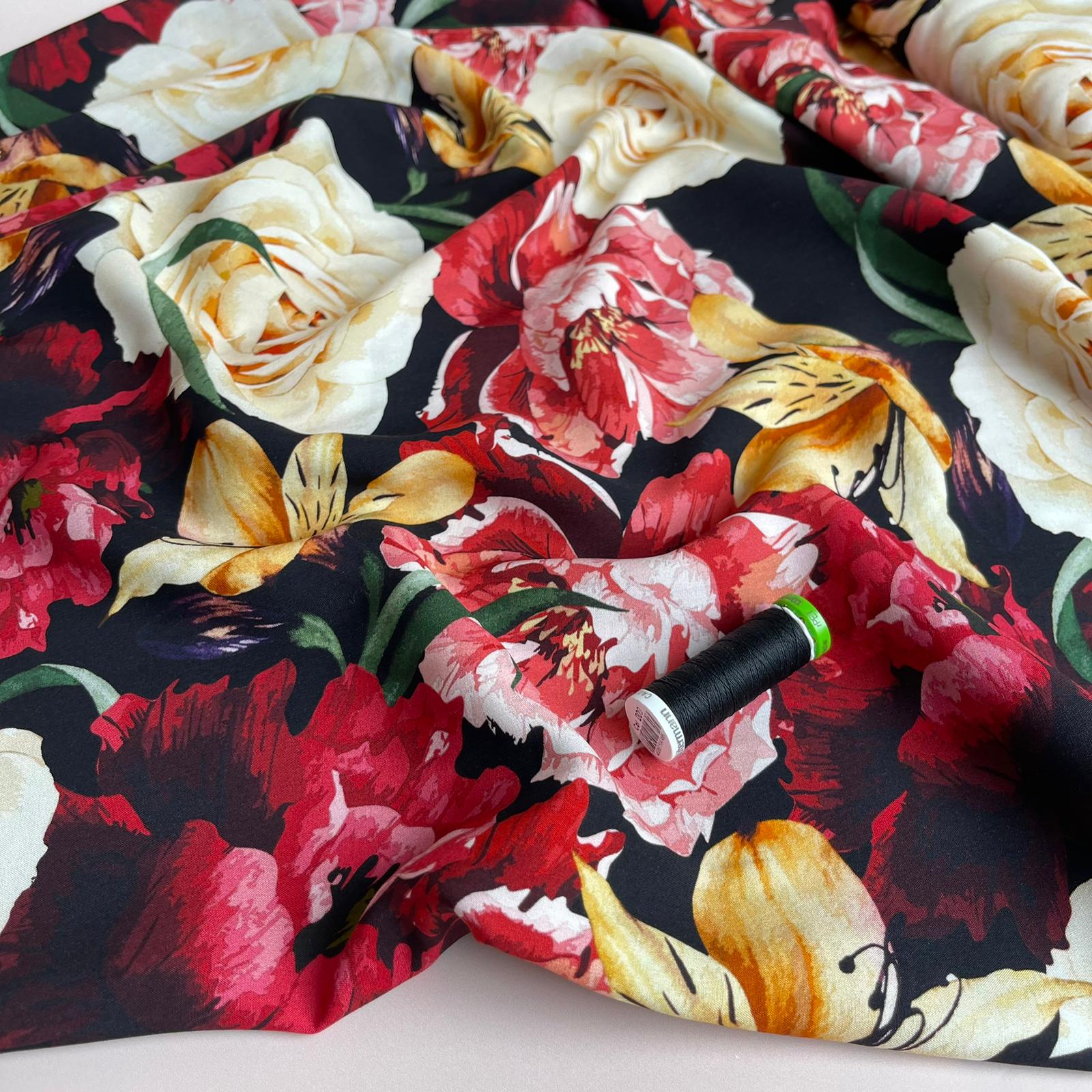 REMNANT 0.69 Metre - Romance Flowers on Black Viscose Fabric