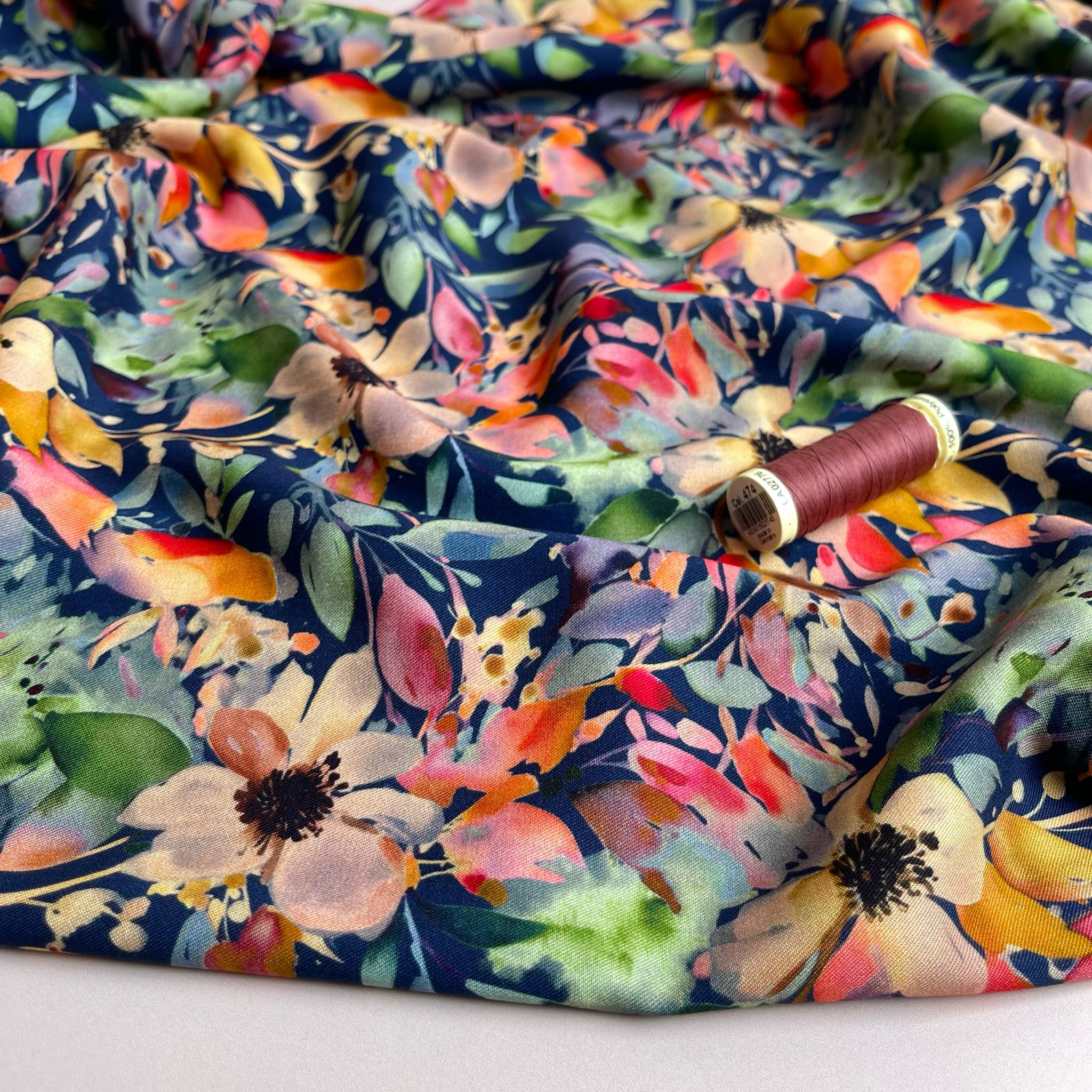 Vibrant Watercolour Bouquet on Navy Stretch Viscose Fabric