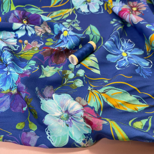 Painted Blooms on Blue Viscose Fabric