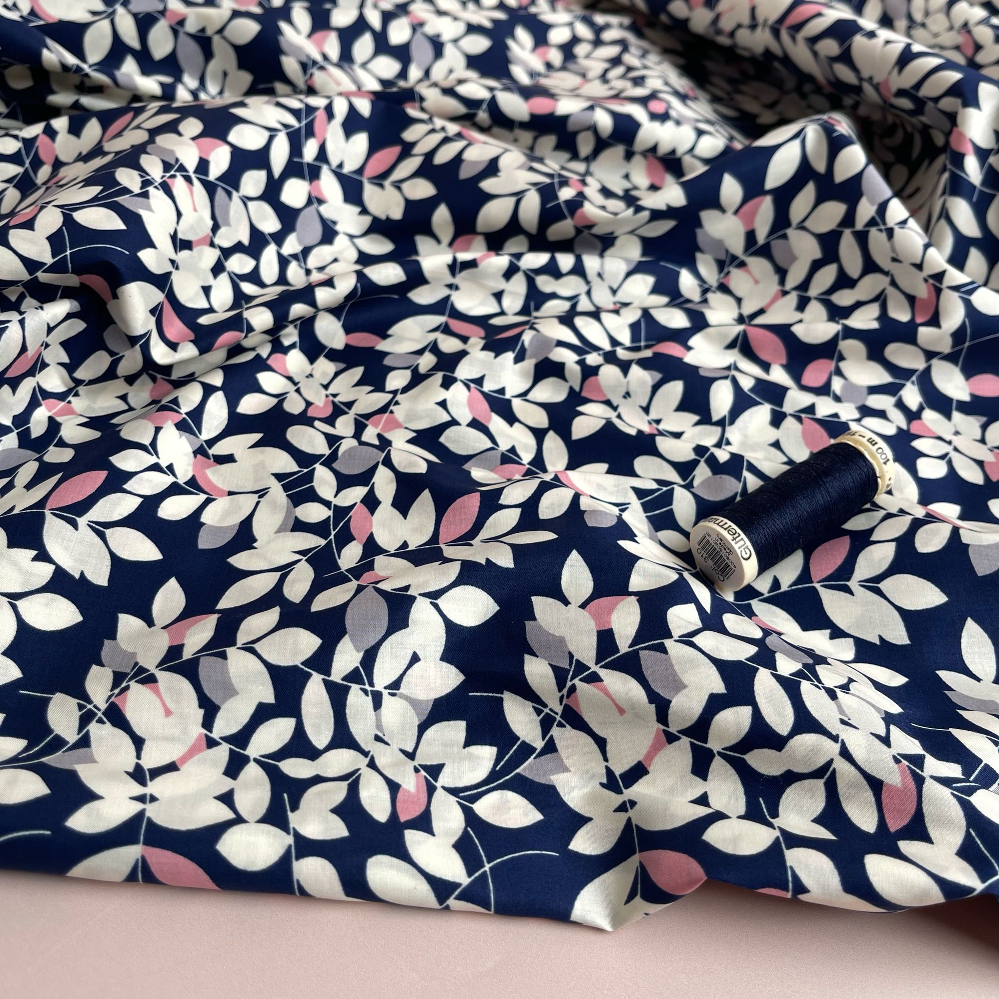 White Foliage on Navy Cotton Lawn Fabric