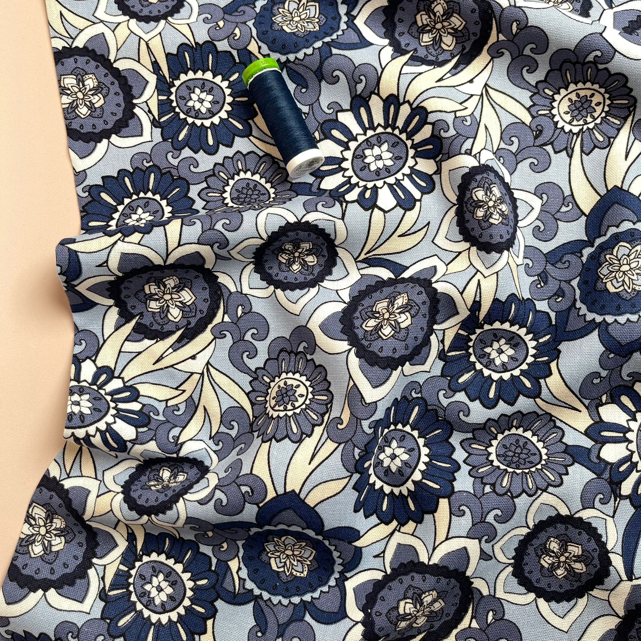 Seventies Flower on Blue Linen Viscose Blend Fabric