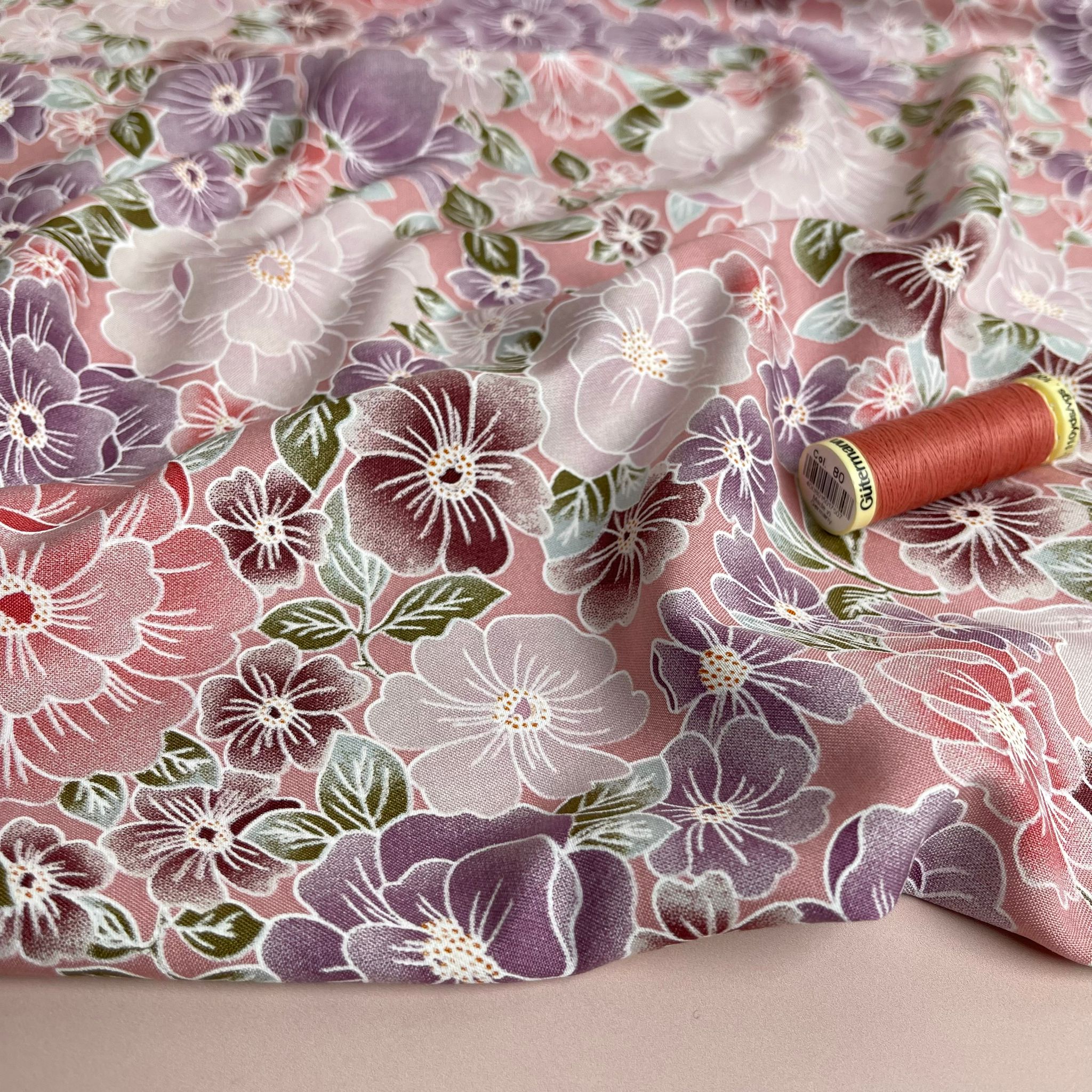 Mauve Blossoms on Rose Pink Viscose Fabric