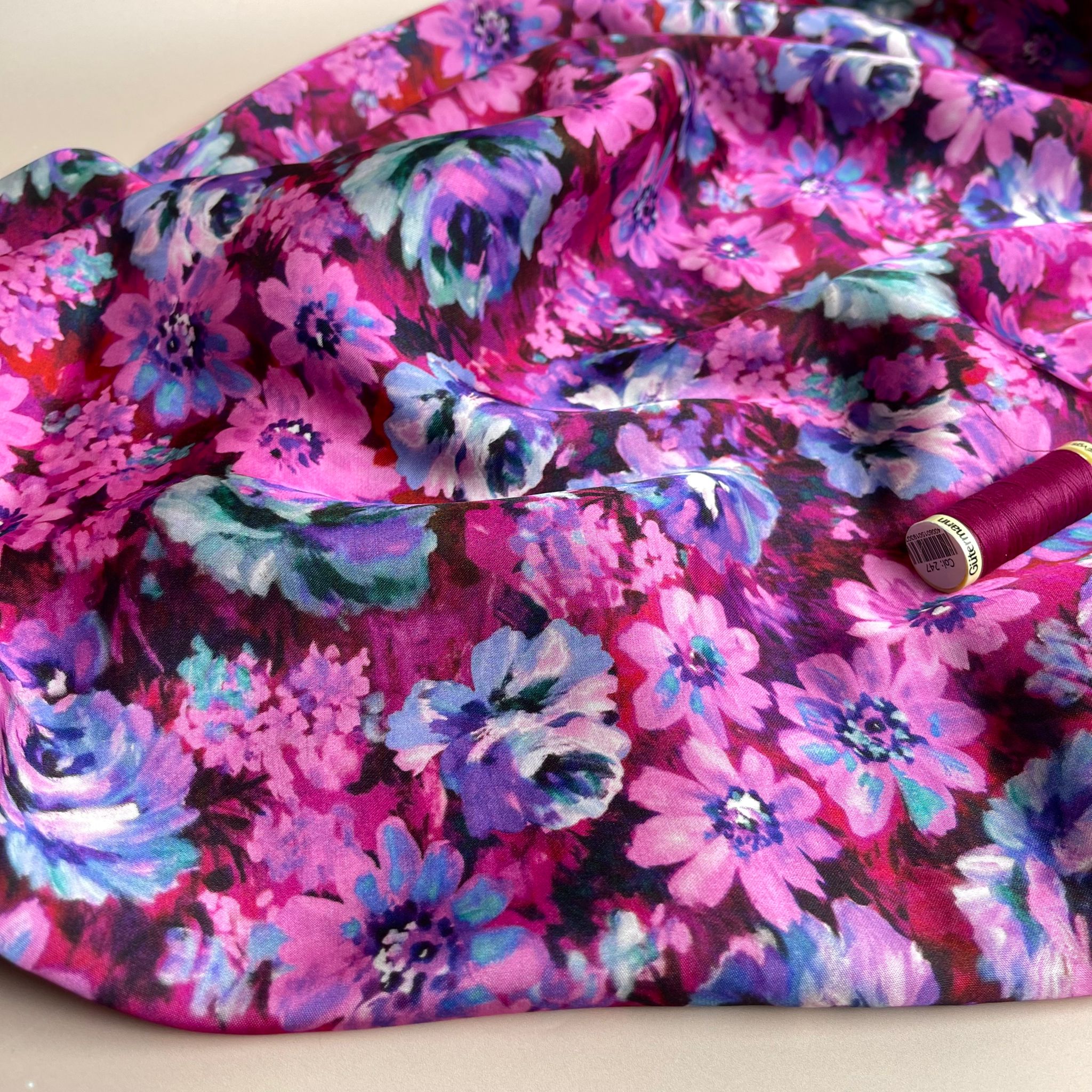 REMNANT 1.16 Metres - Magenta Meadow Viscose Sateen Fabric