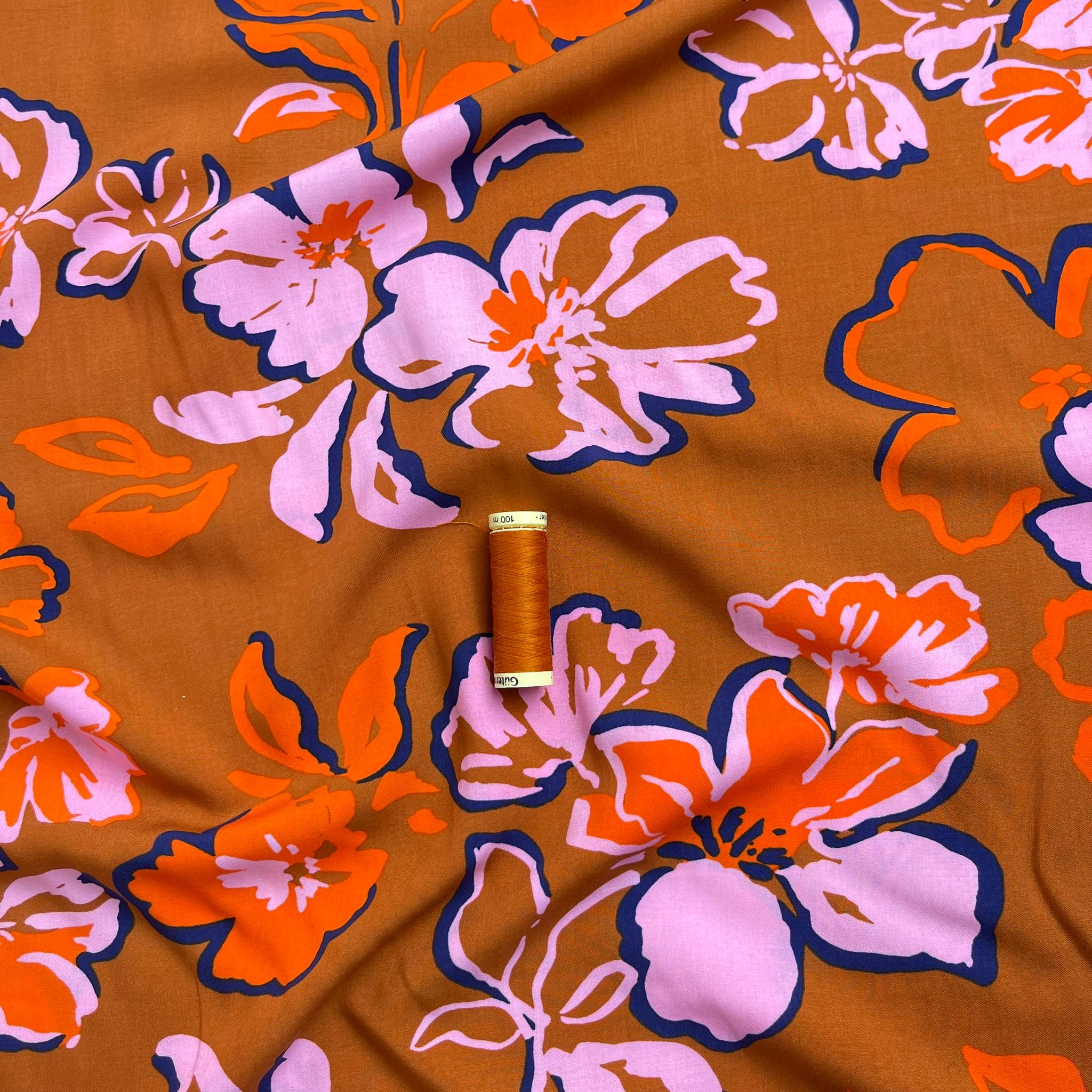 Painted Blooms on Rust LENZING™ ECOVERO™ Viscose Fabric