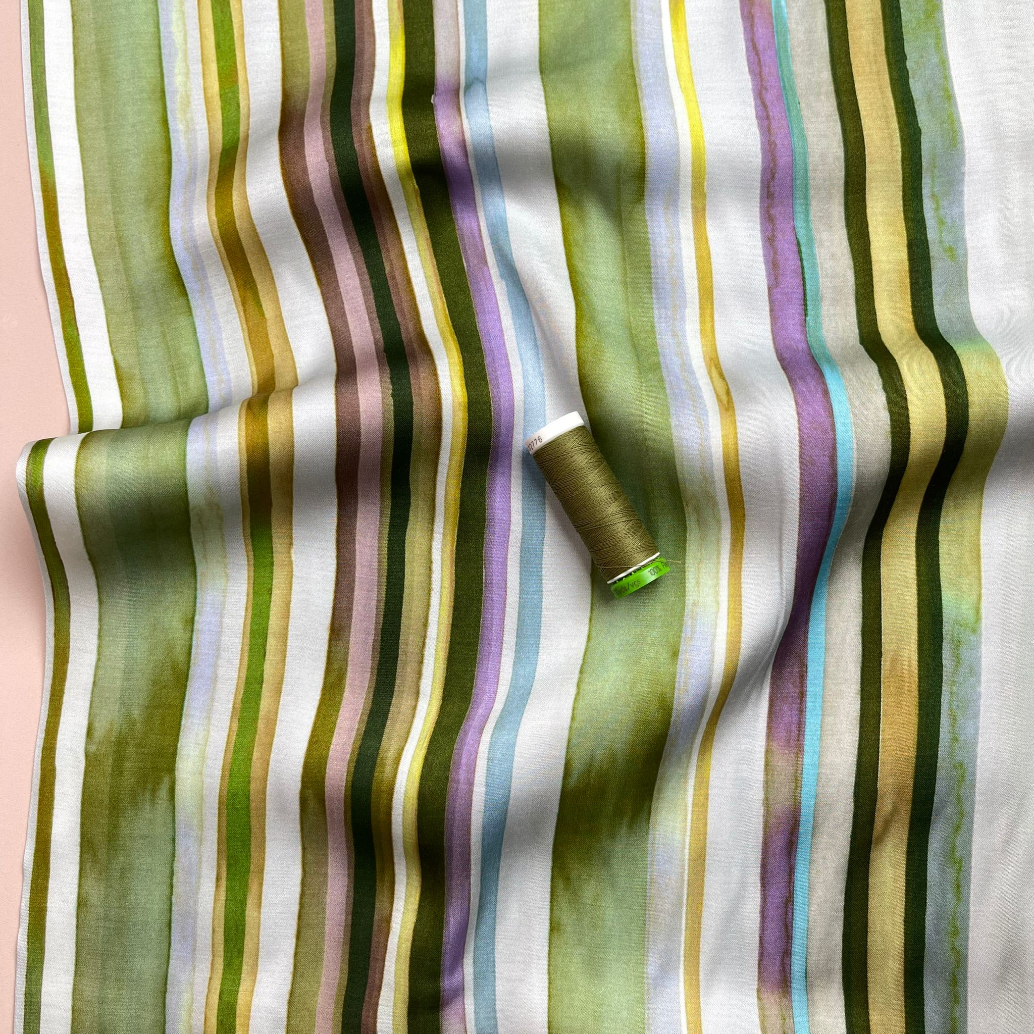 Summer Stripes Green Viscose Sateen Fabric