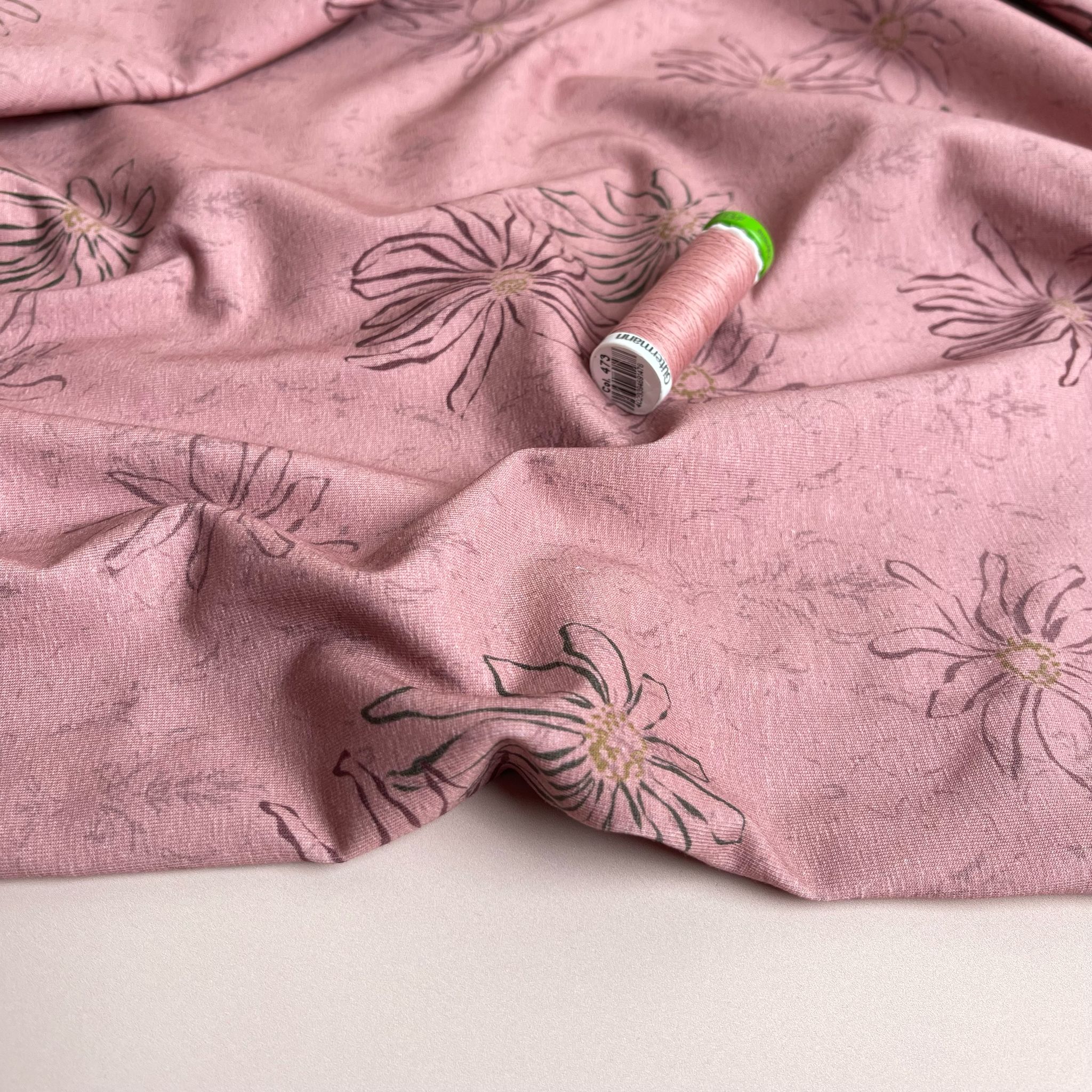 Danish Design - Floral Outline on Clay Pink Cotton Jersey Fabric