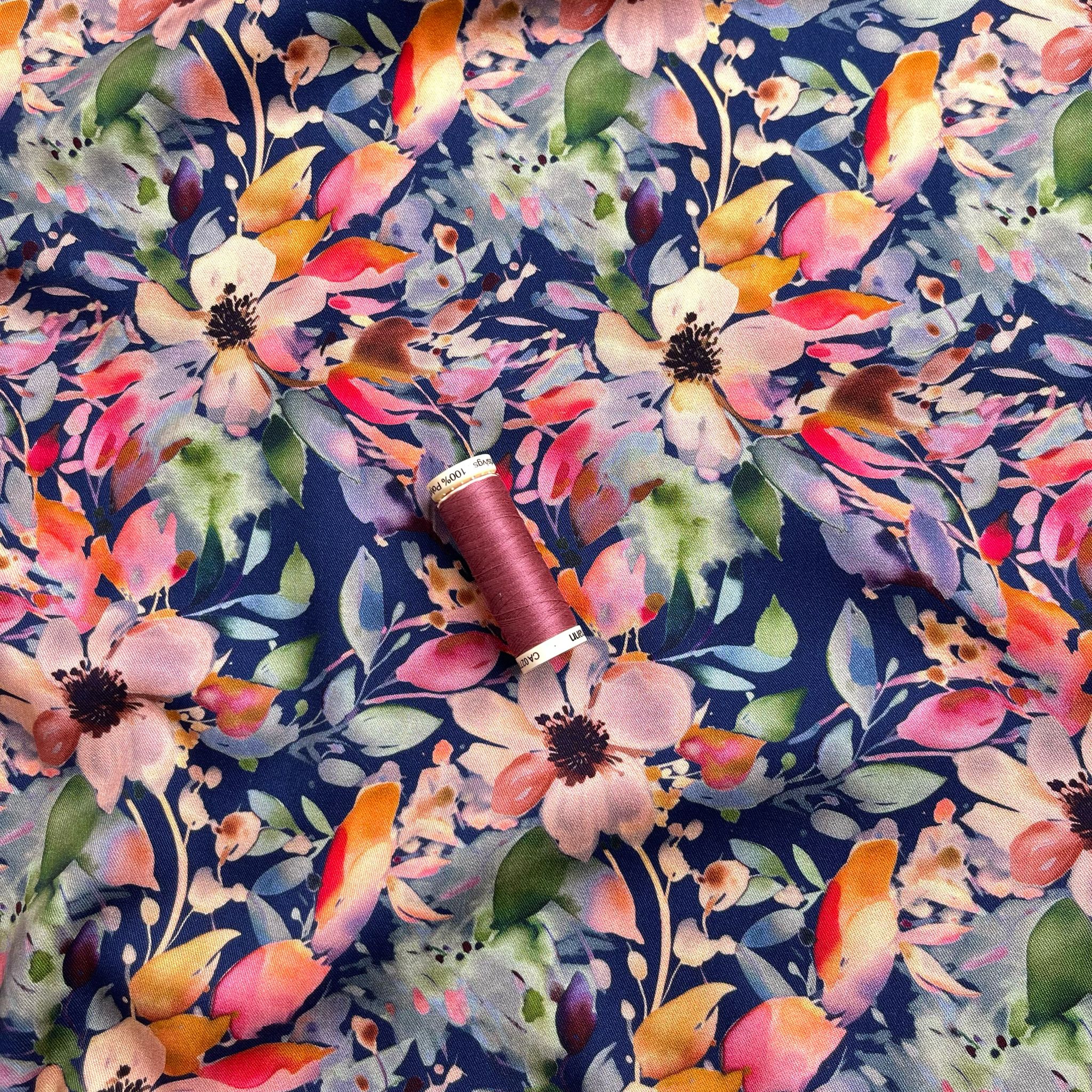 Rosella Vibrant Watercolour Bouquet on Navy Stretch Viscose Fabric