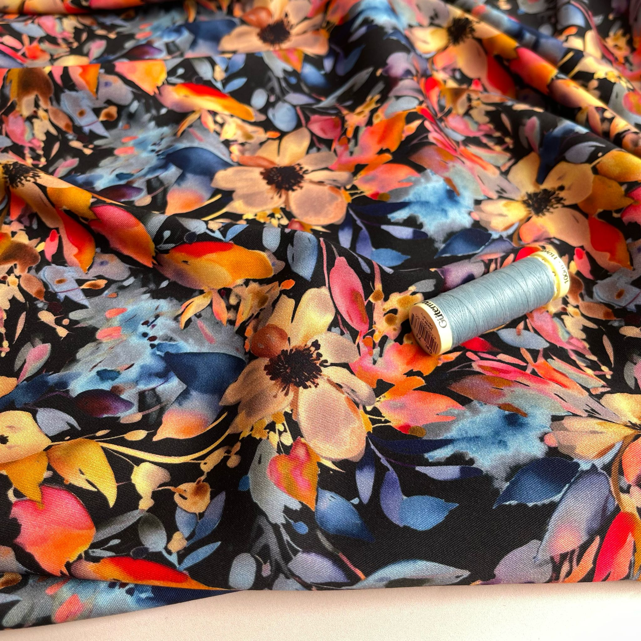 REMNANT 0.66 Metres - Rosella Sunset Watercolour Bouquet on Black Stretch Viscose Fabric