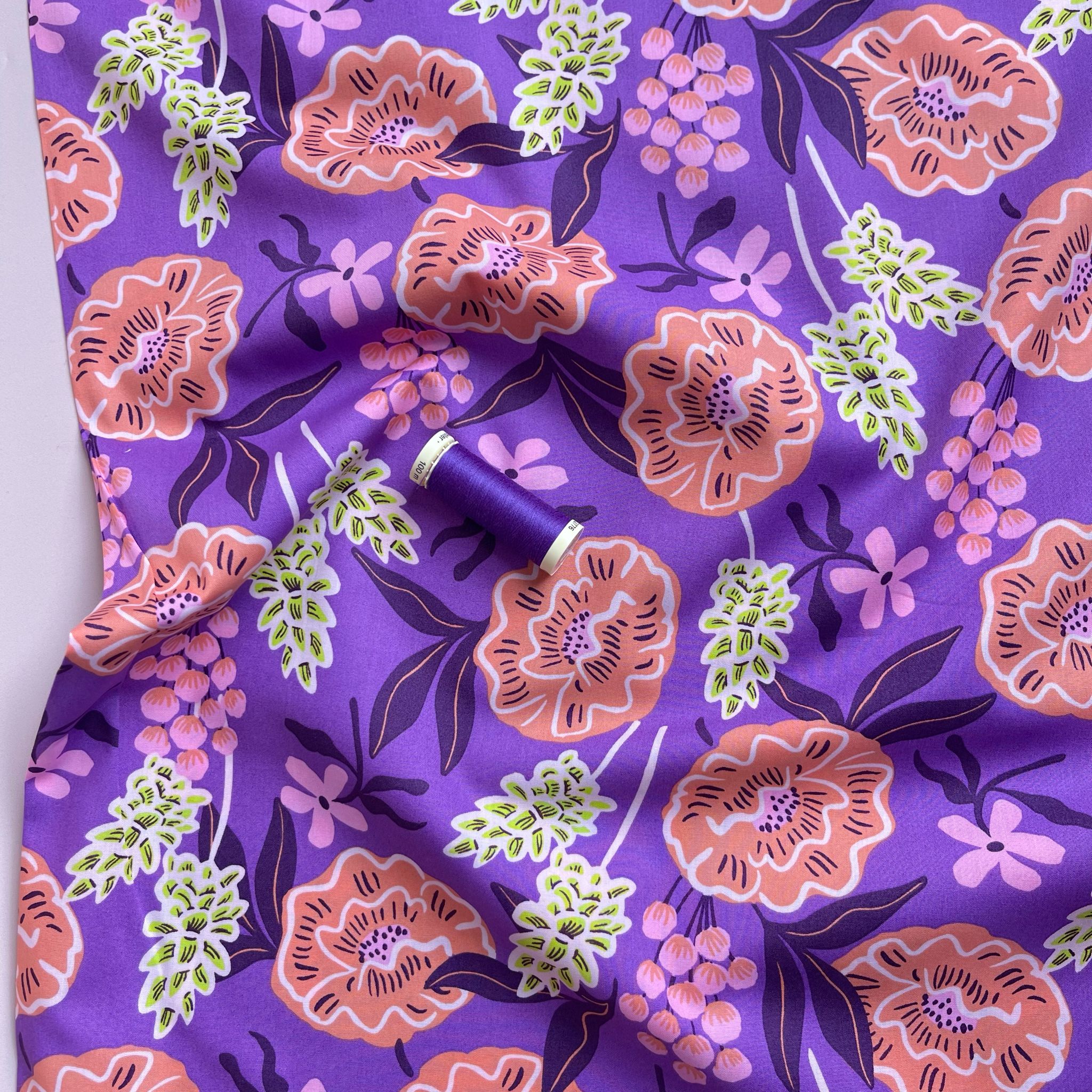 Nerida Hansen - Fresh Flowers on Purple Cotton Poplin Fabric