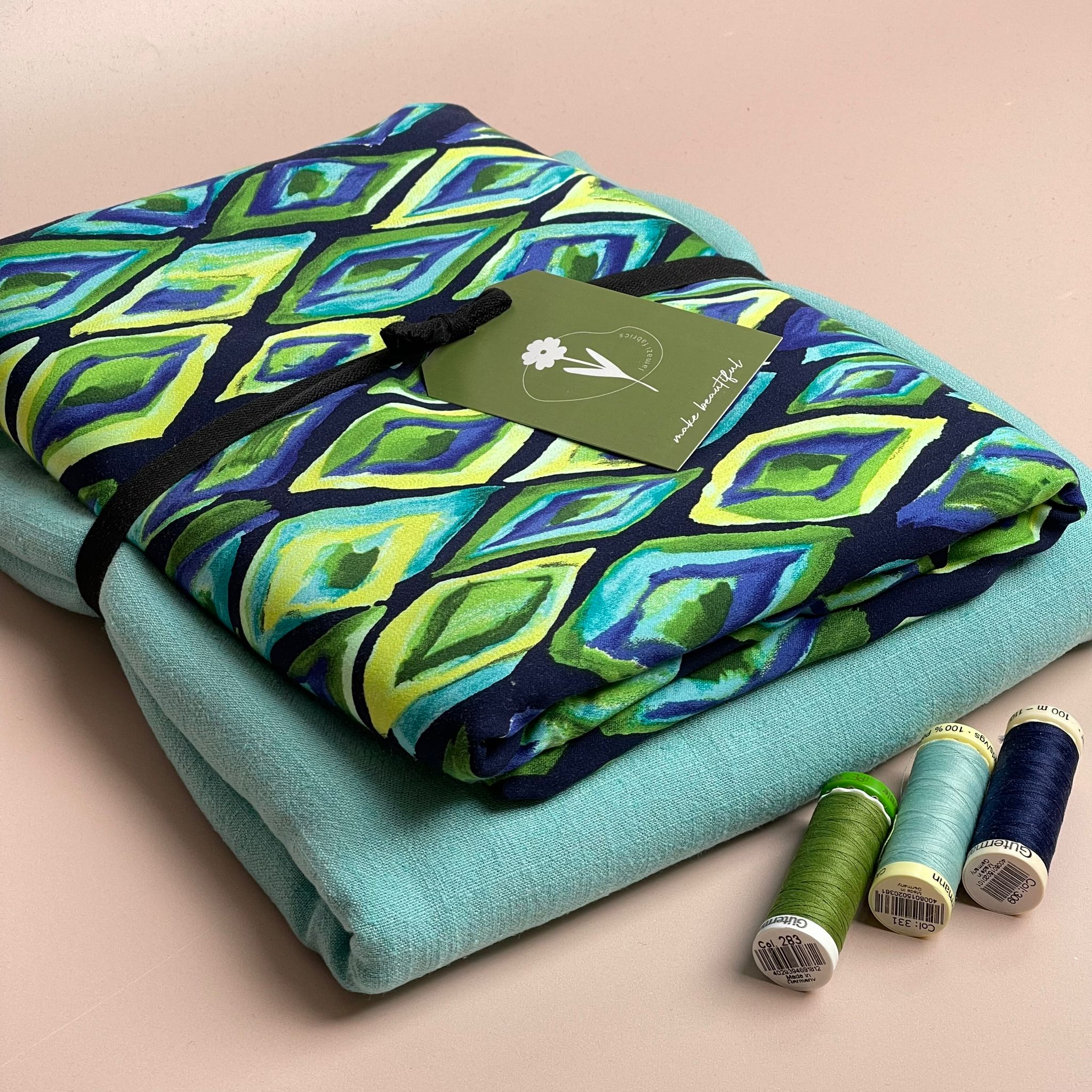 Make an Outfit Colour Bundle - Ocean Diamond Viscose Sateen with Turquoise Flow Linen