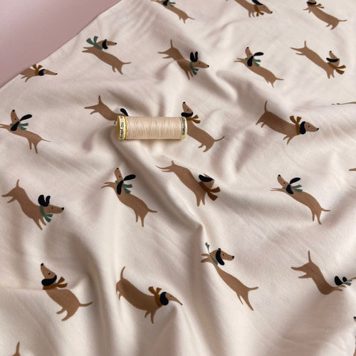Dachshund Dogs on Off-White Cotton Jersey Fabric