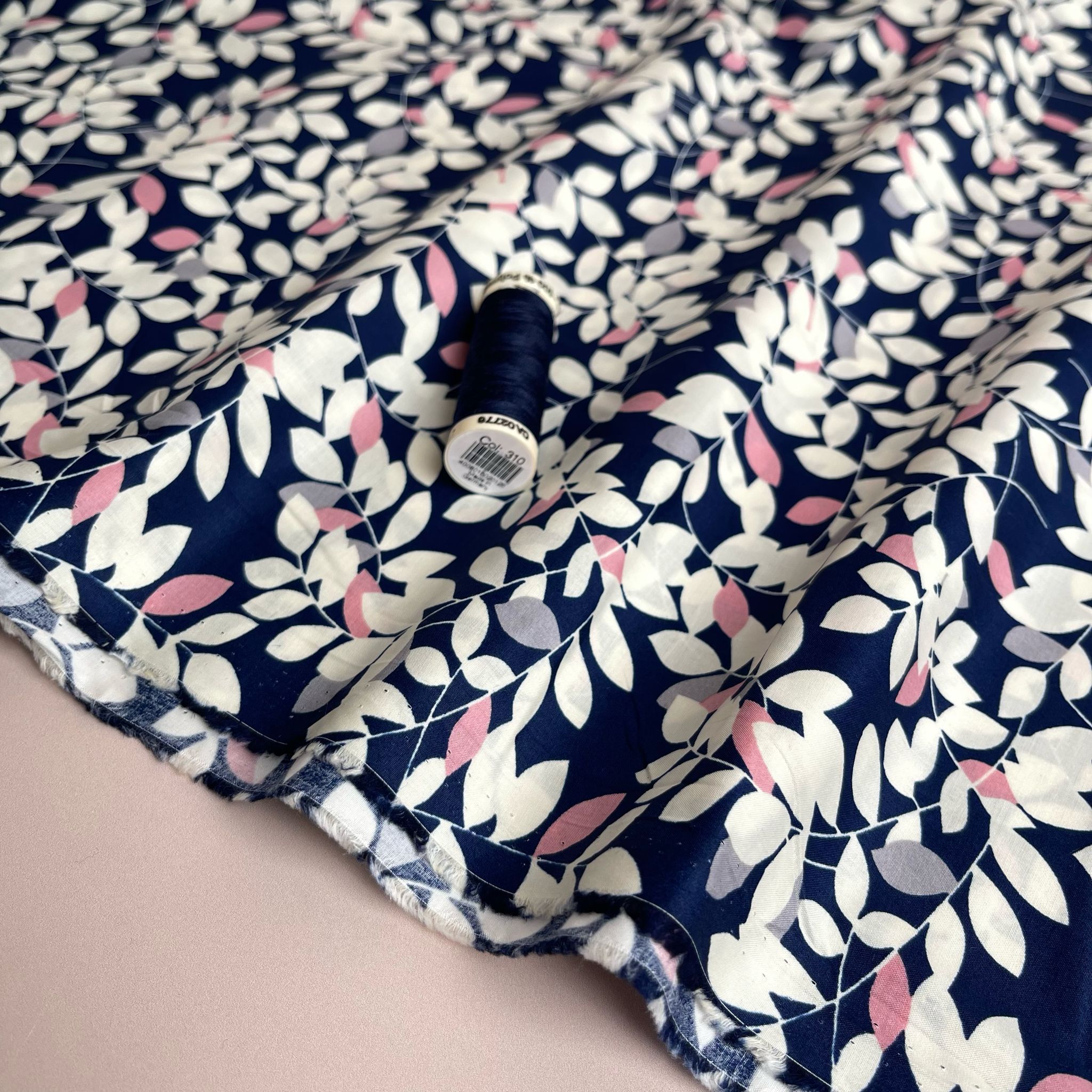 White Foliage on Navy Cotton Lawn Fabric