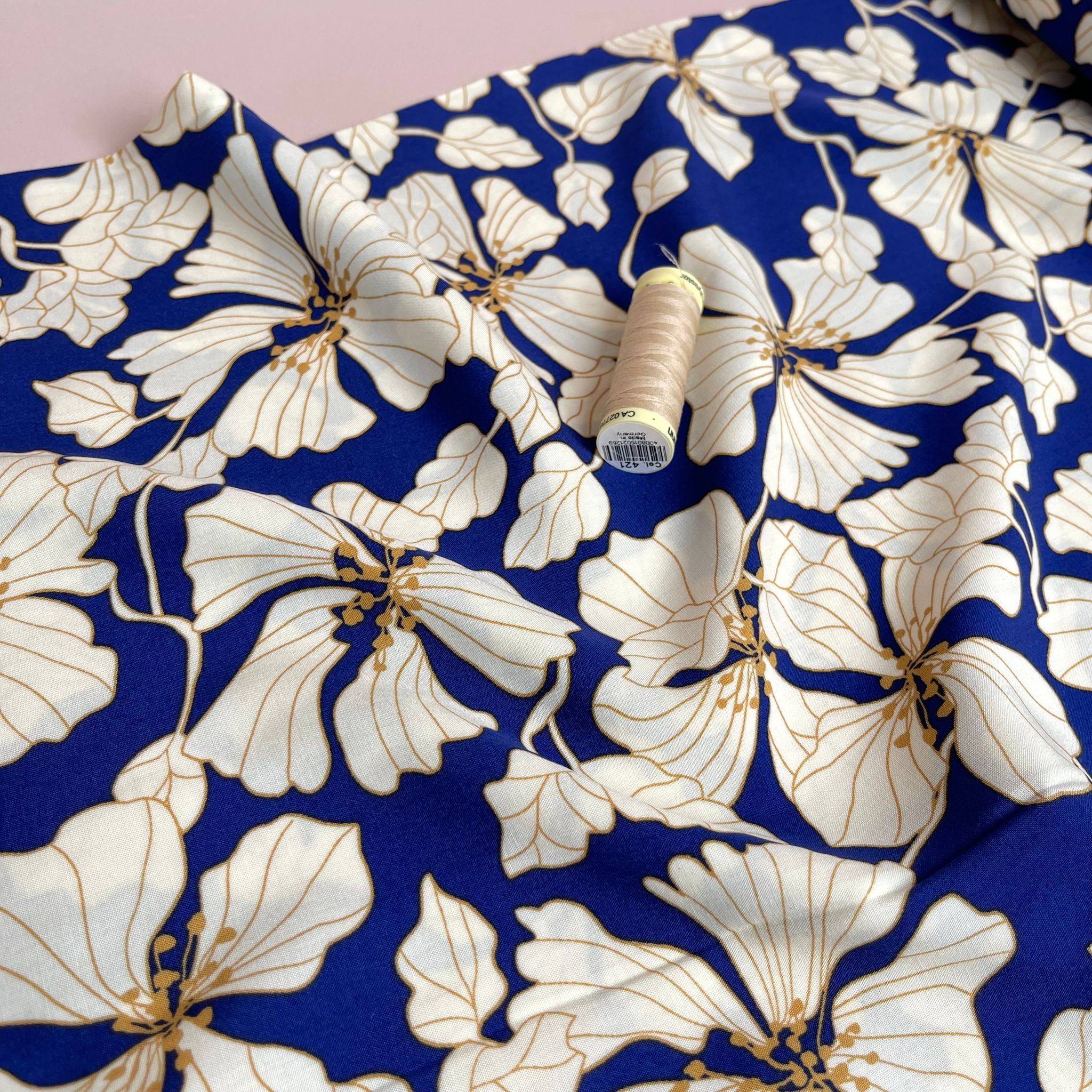 Golden Blooms on Cobalt Blue Viscose Fabric
