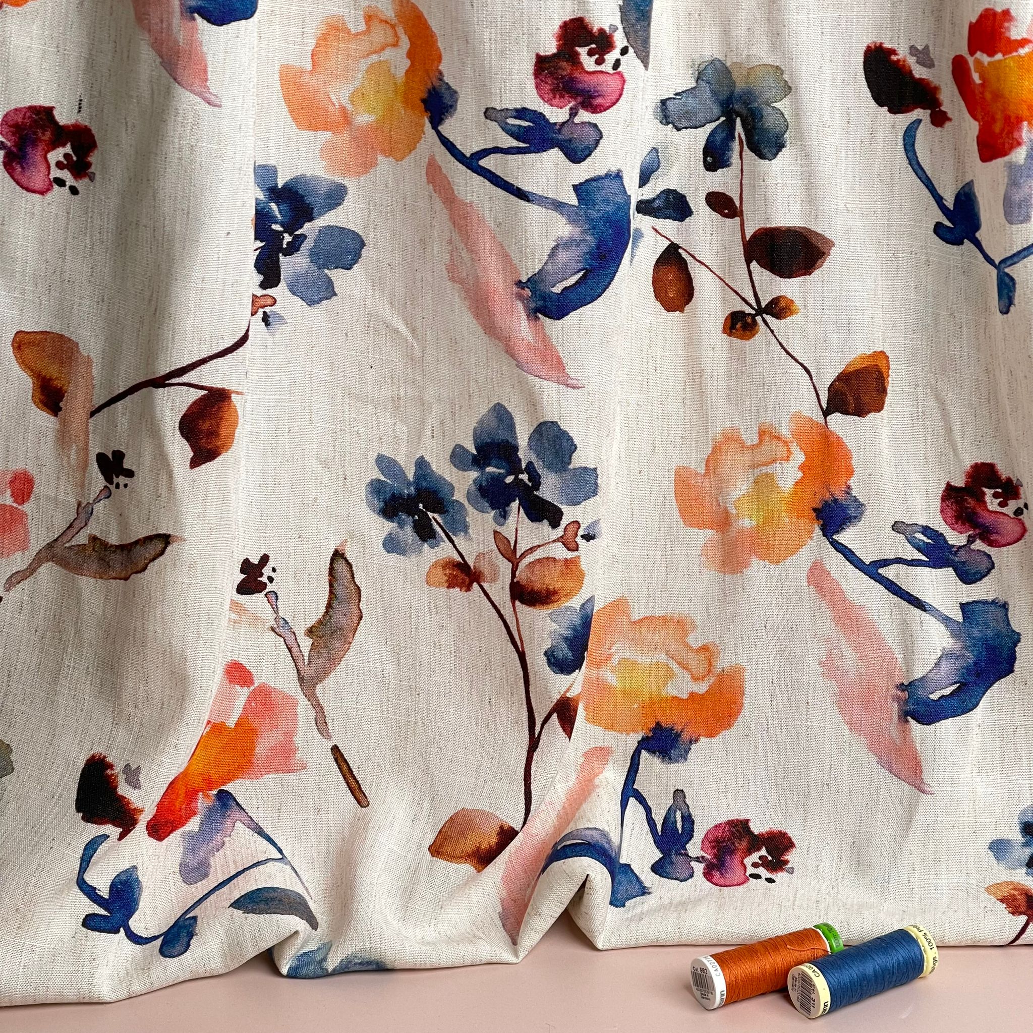 REMNANT 0.75 Metre - Apricot and Blue Florals Viscose Linen Fabric