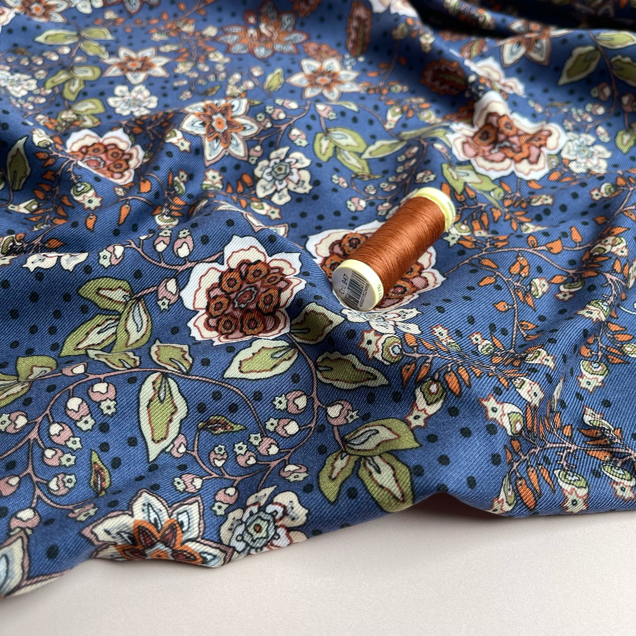 Autumn Paisley Flowers on Blue Viscose Twill Fabric