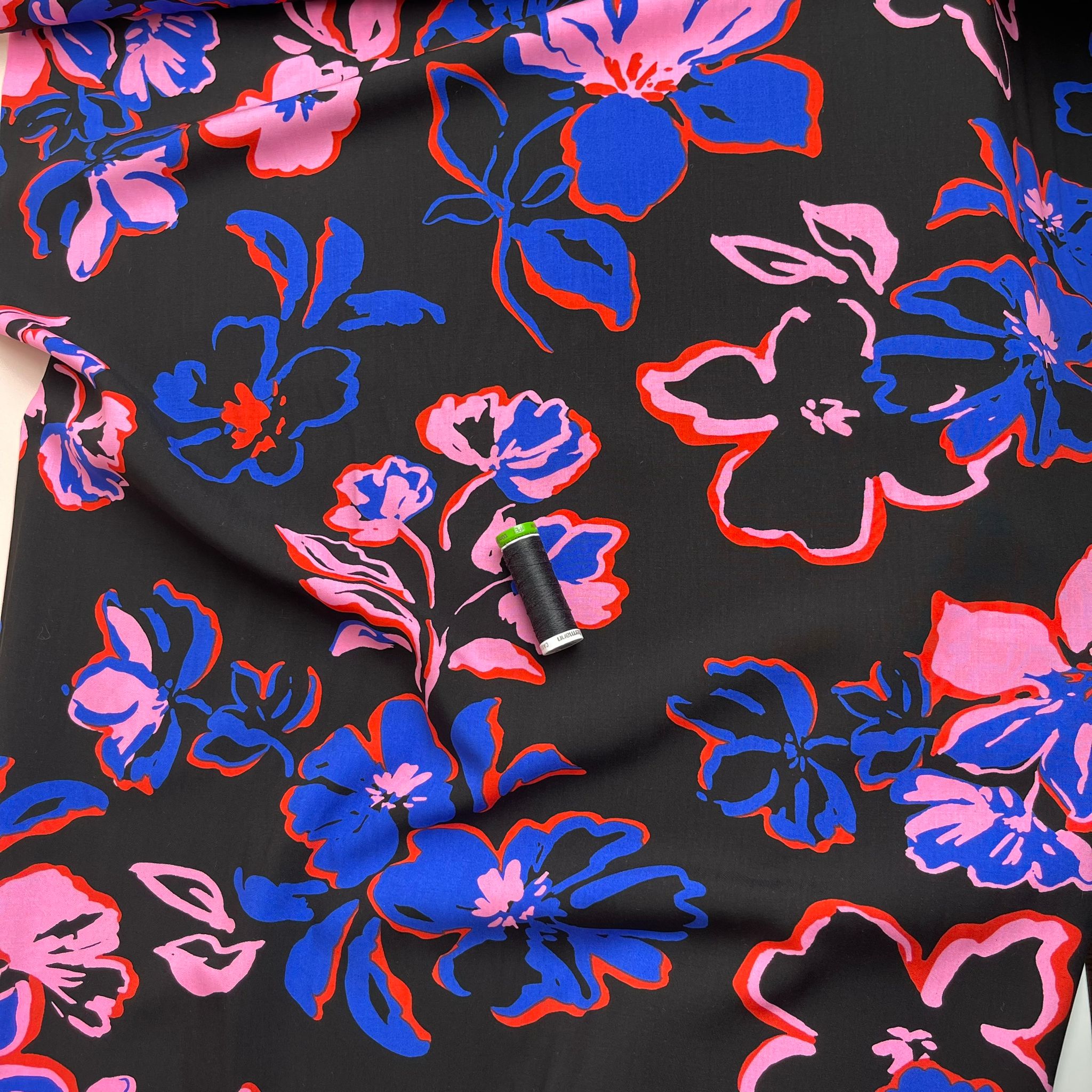 Painted Blooms on Black LENZING™ ECOVERO™ Viscose Fabric