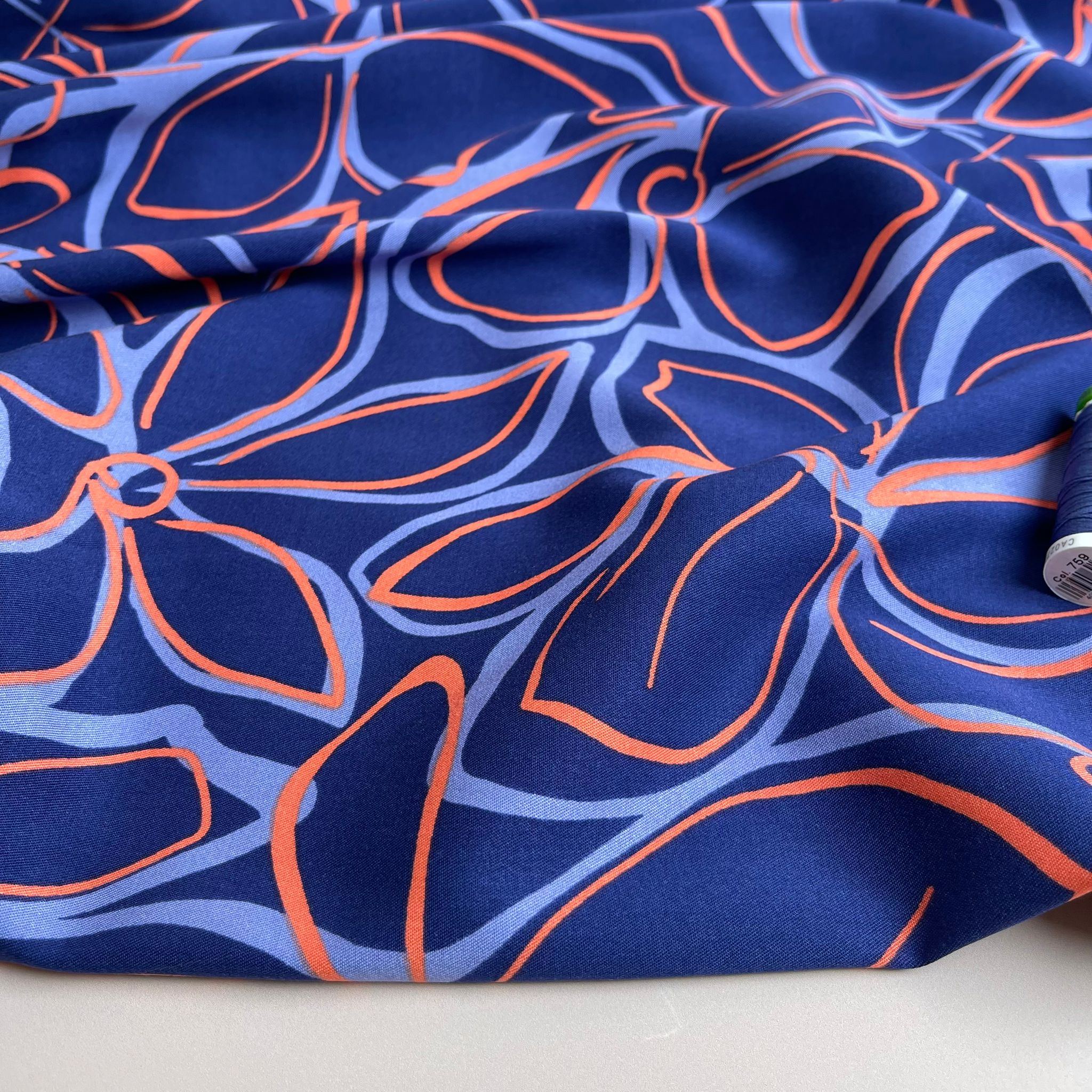 Rosella Line Flowers Navy Viscose Twill with Stretch