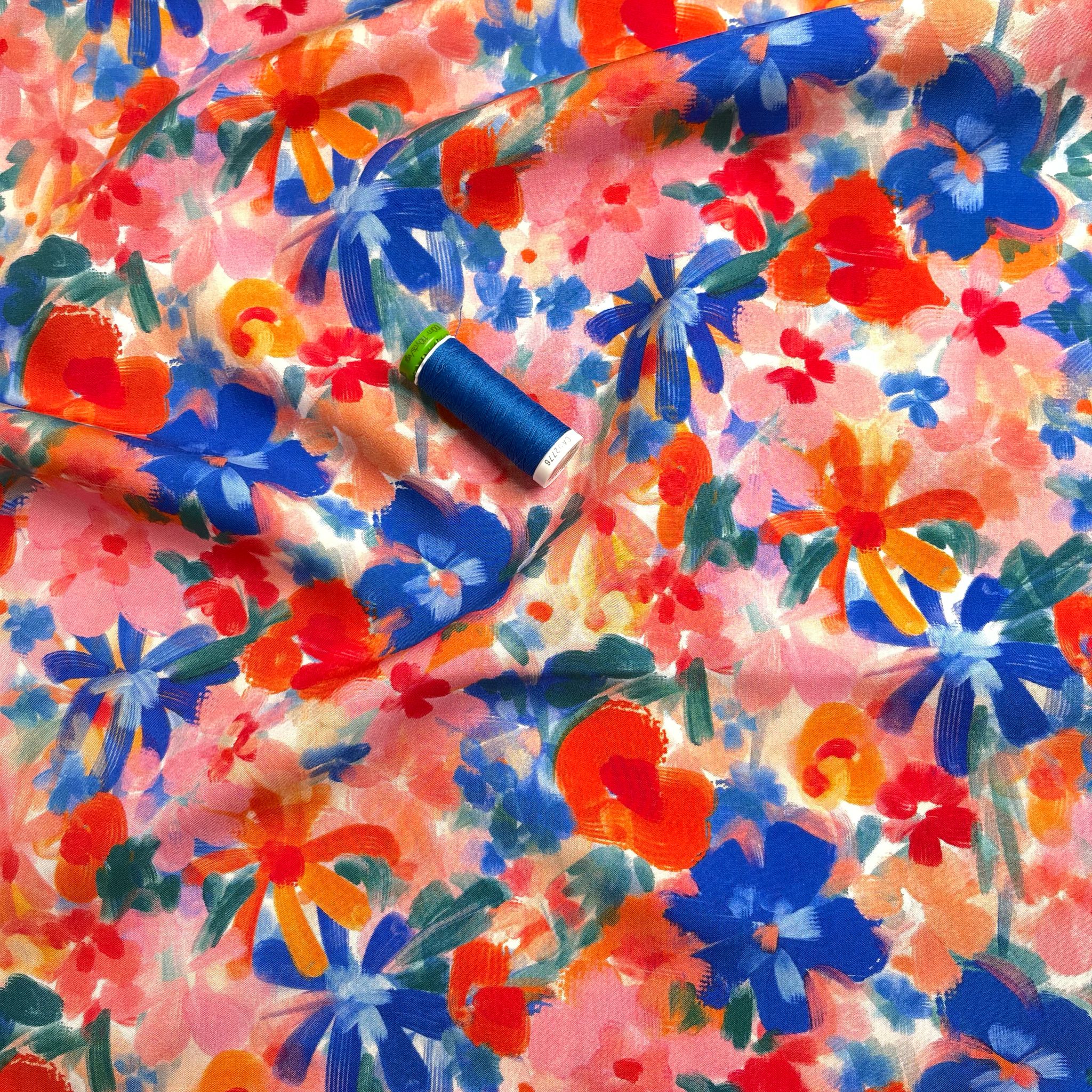 Red and Blue Florals Viscose Fabric