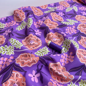 REMNANT 0.9 Metre - Nerida Hansen - Fresh Flowers on Purple Cotton Poplin Fabric
