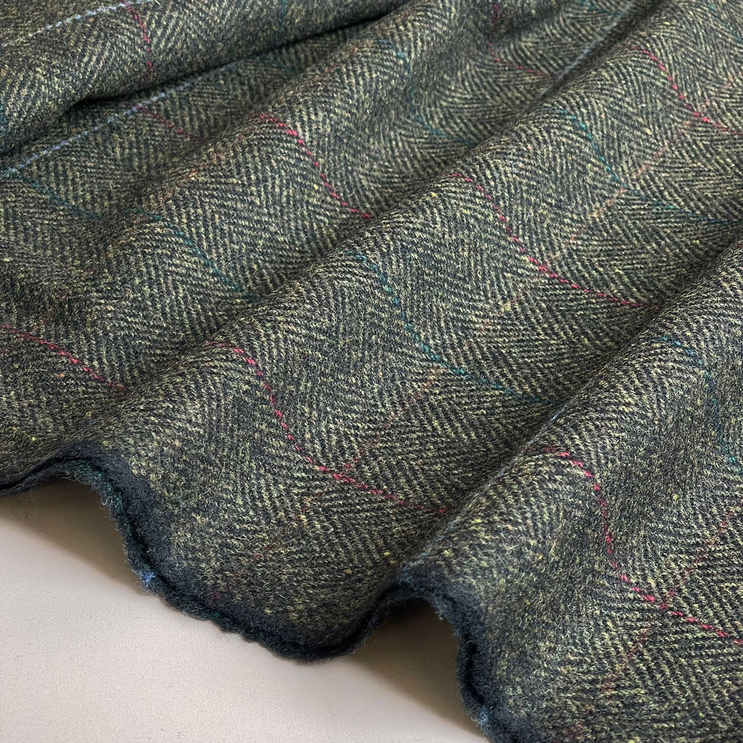 Deadstock Herringbone Check on Khaki Green Soft Wool Tweed Coating