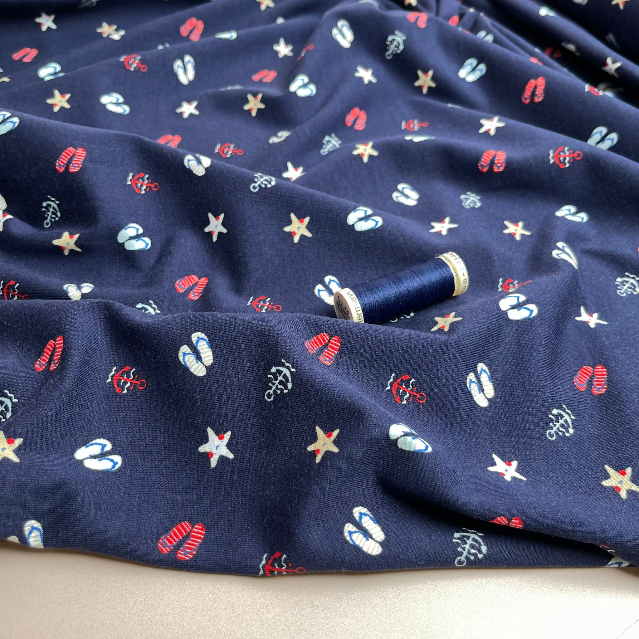 At The Beach Navy Cotton Jersey Fabric