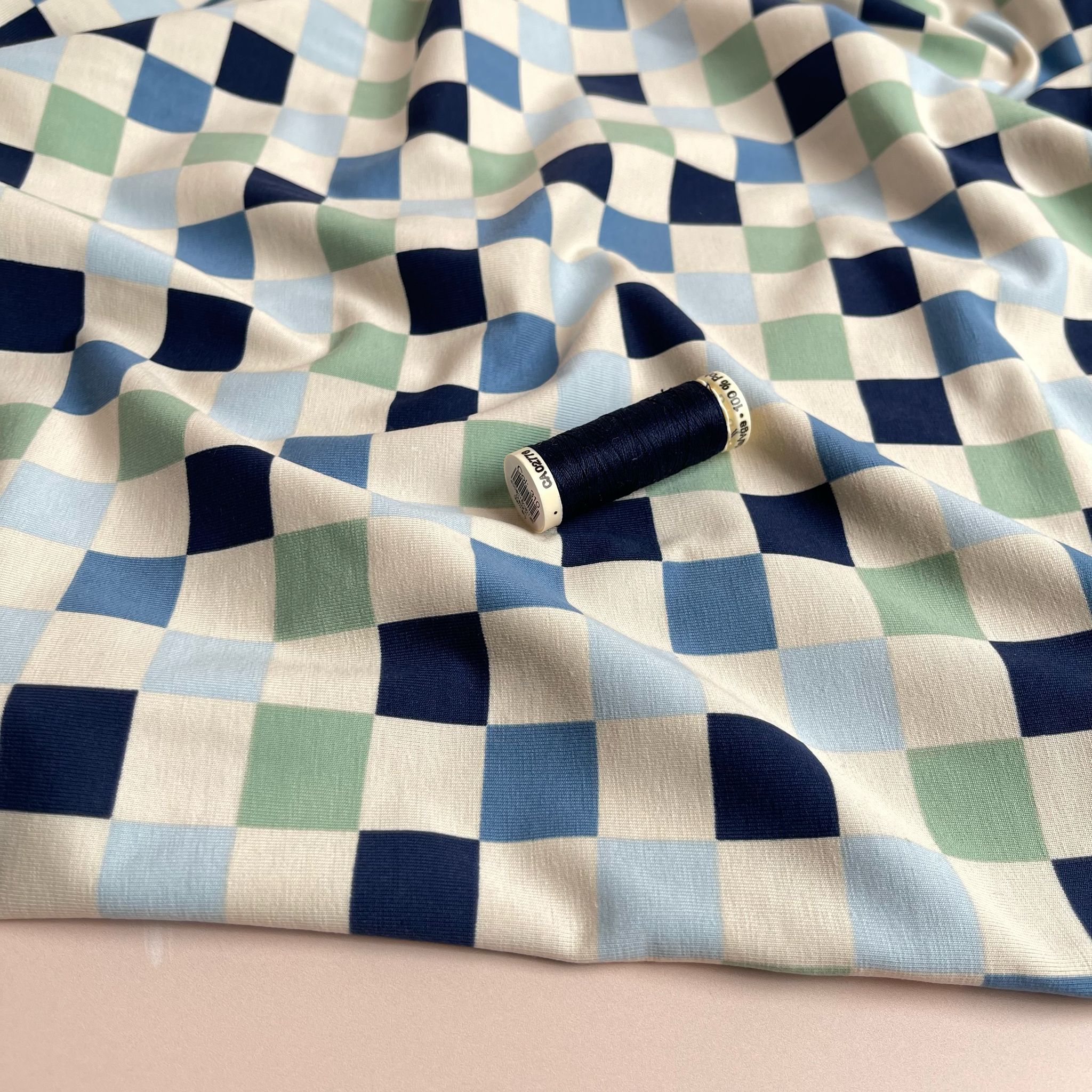 Checkers in Blue and Mint Cotton Jersey Fabric