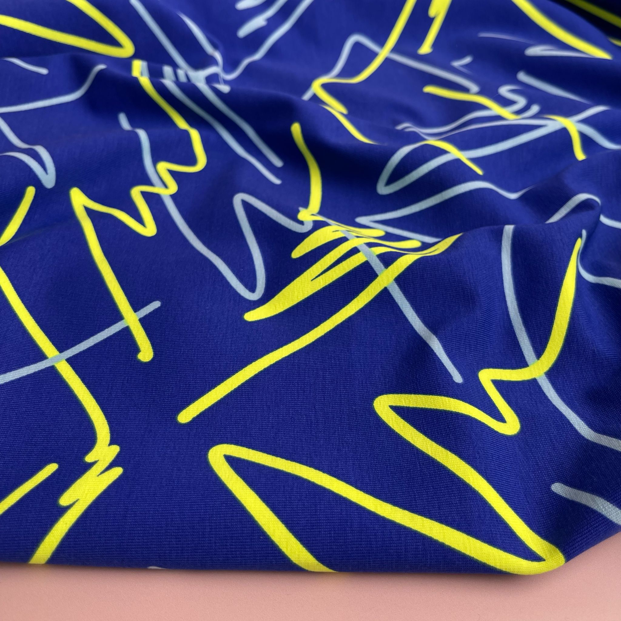 REMNANT 0.4 Metre - Neon Doodles on Blue Cotton Jersey Fabric