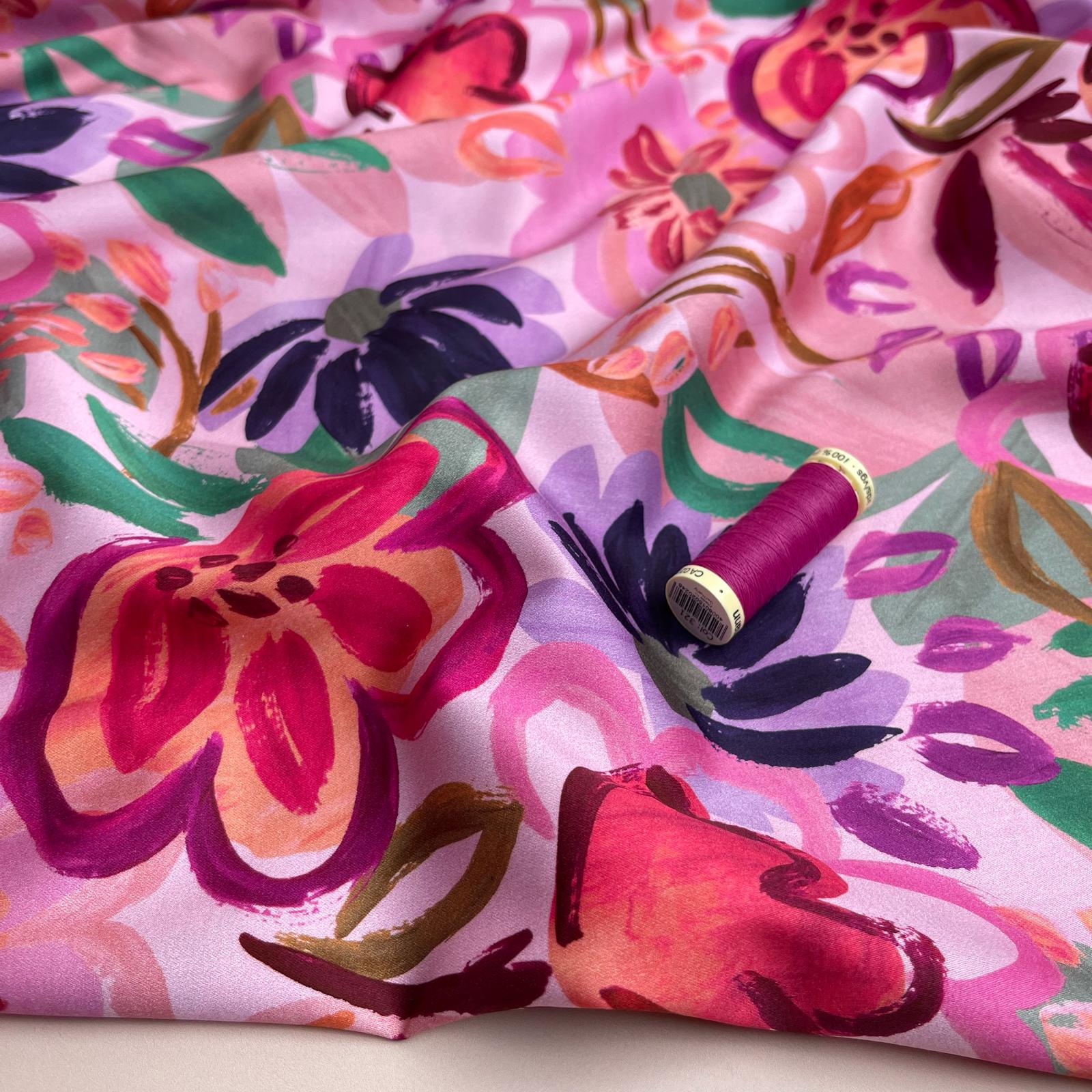 Painted Spring Garden on Pink Cotton Sateen Fabric