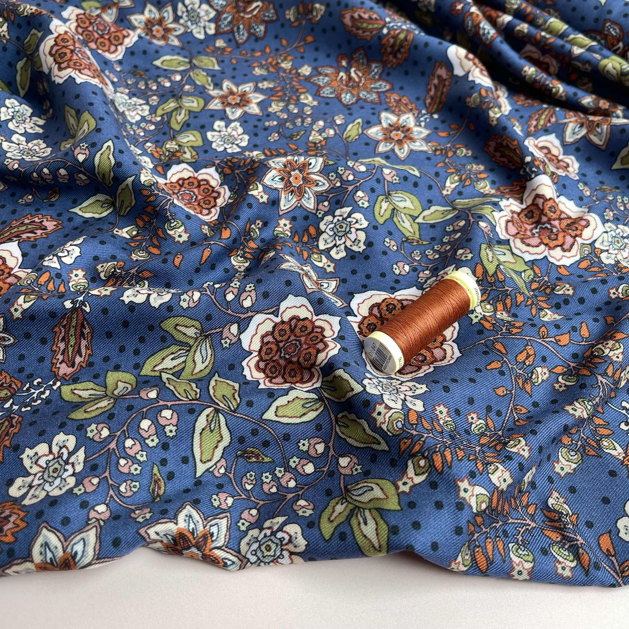 Autumn Paisley Flowers on Blue Viscose Twill Fabric