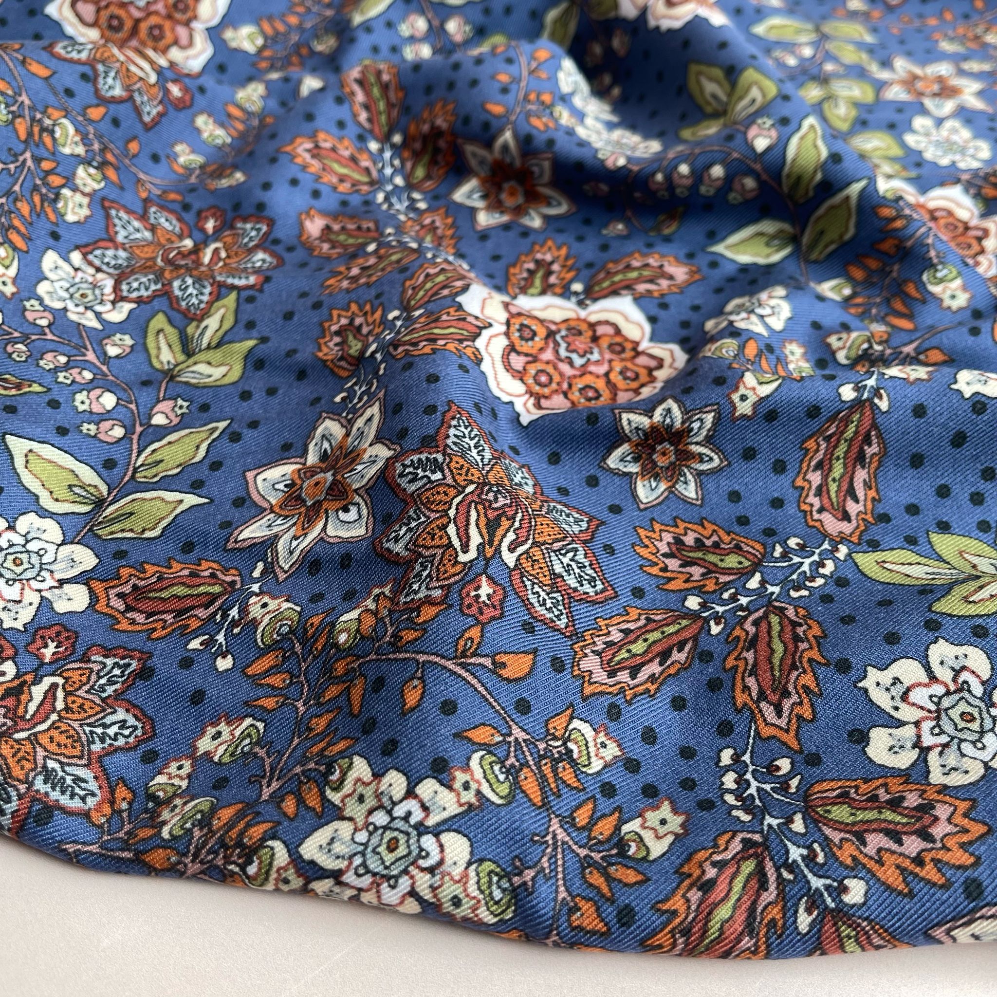 Autumn Paisley Flowers on Blue Viscose Twill Fabric