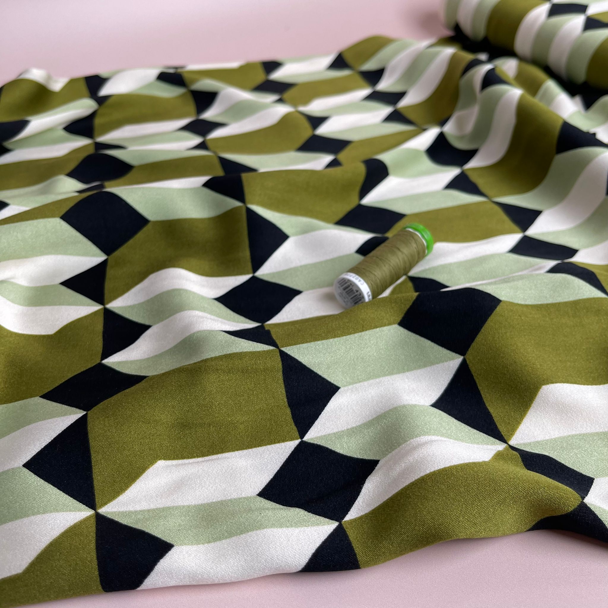 REMNANT 0.77 Metre - Abstract Shapes Olive Viscose Twill Sateen Fabric