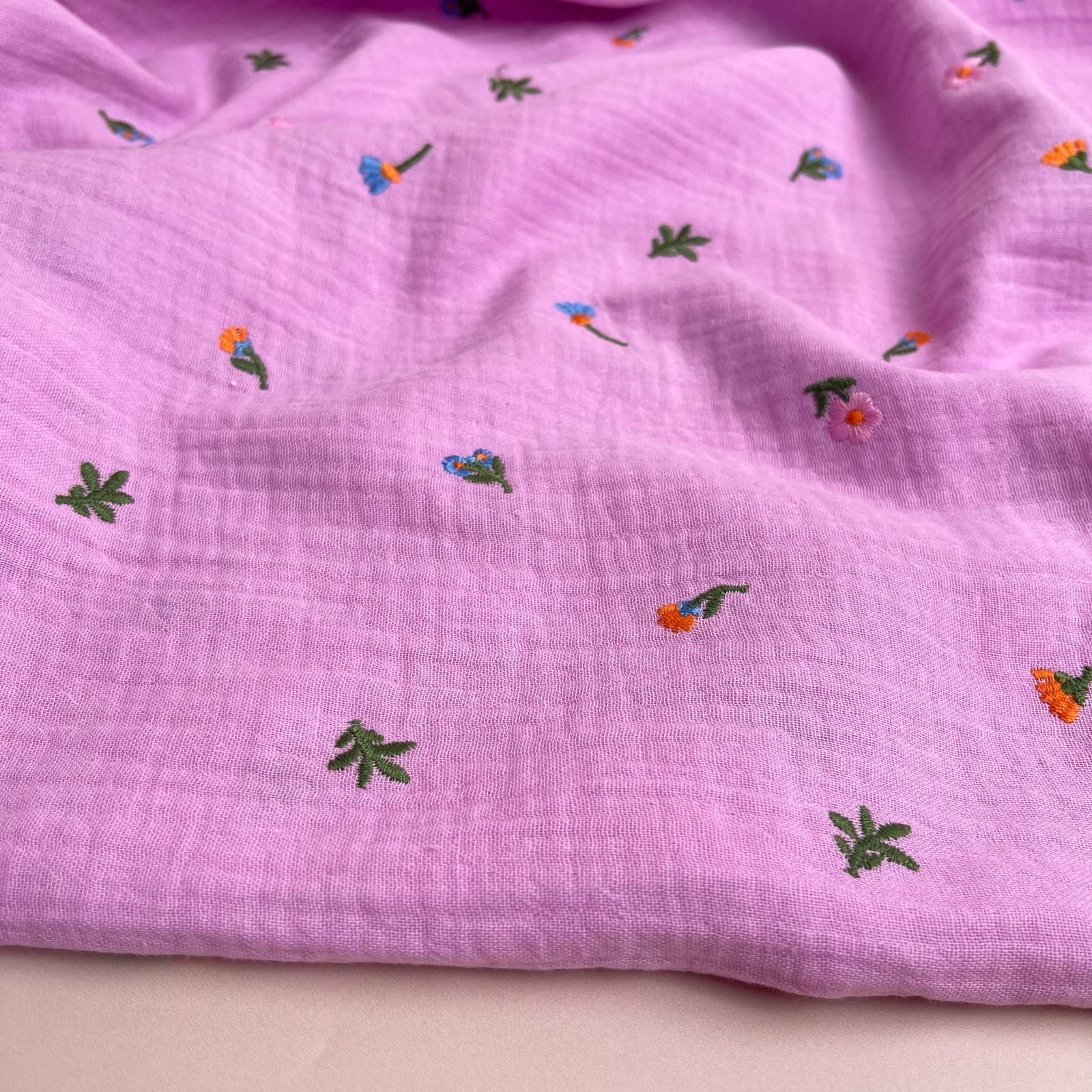 Embroidered Ditsy Florals on Pink Cotton Double Gauze