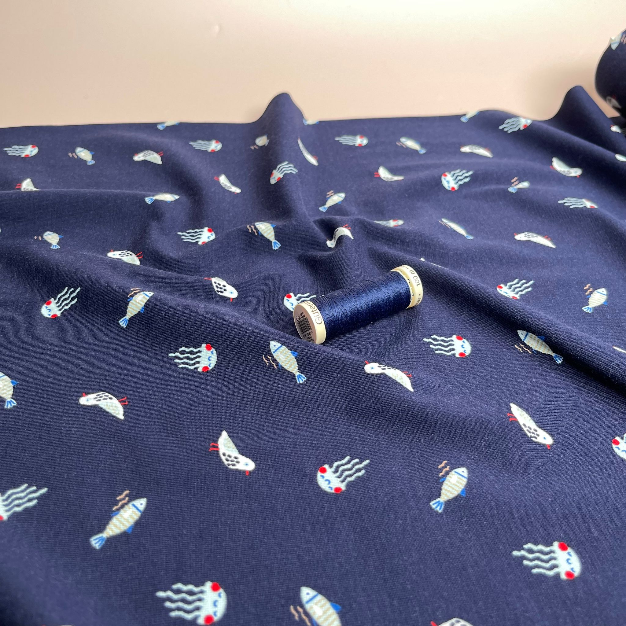 Under The Sea Navy Cotton Jersey Fabric