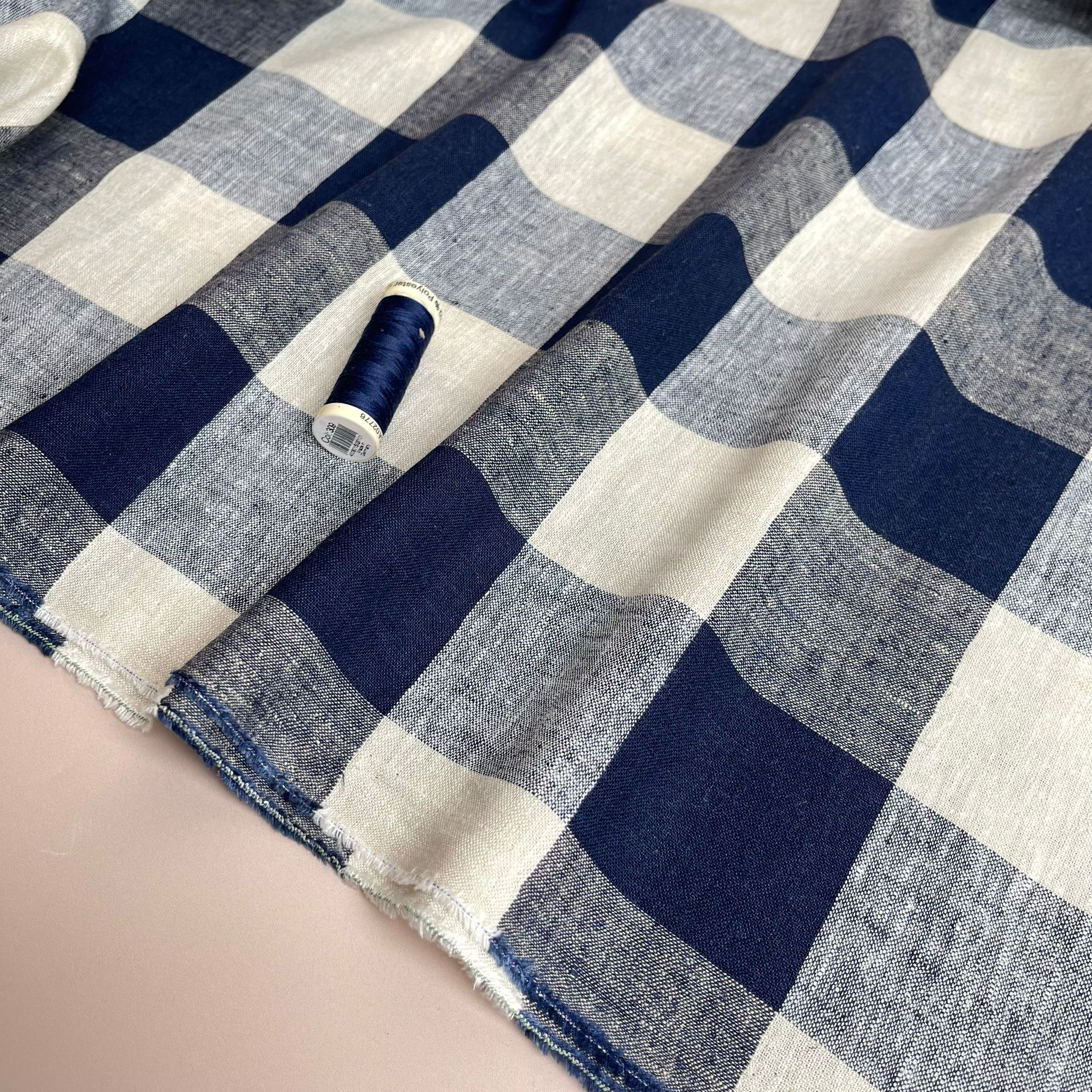 Yarn Dyed Navy Gingham Viscose Linen Fabric