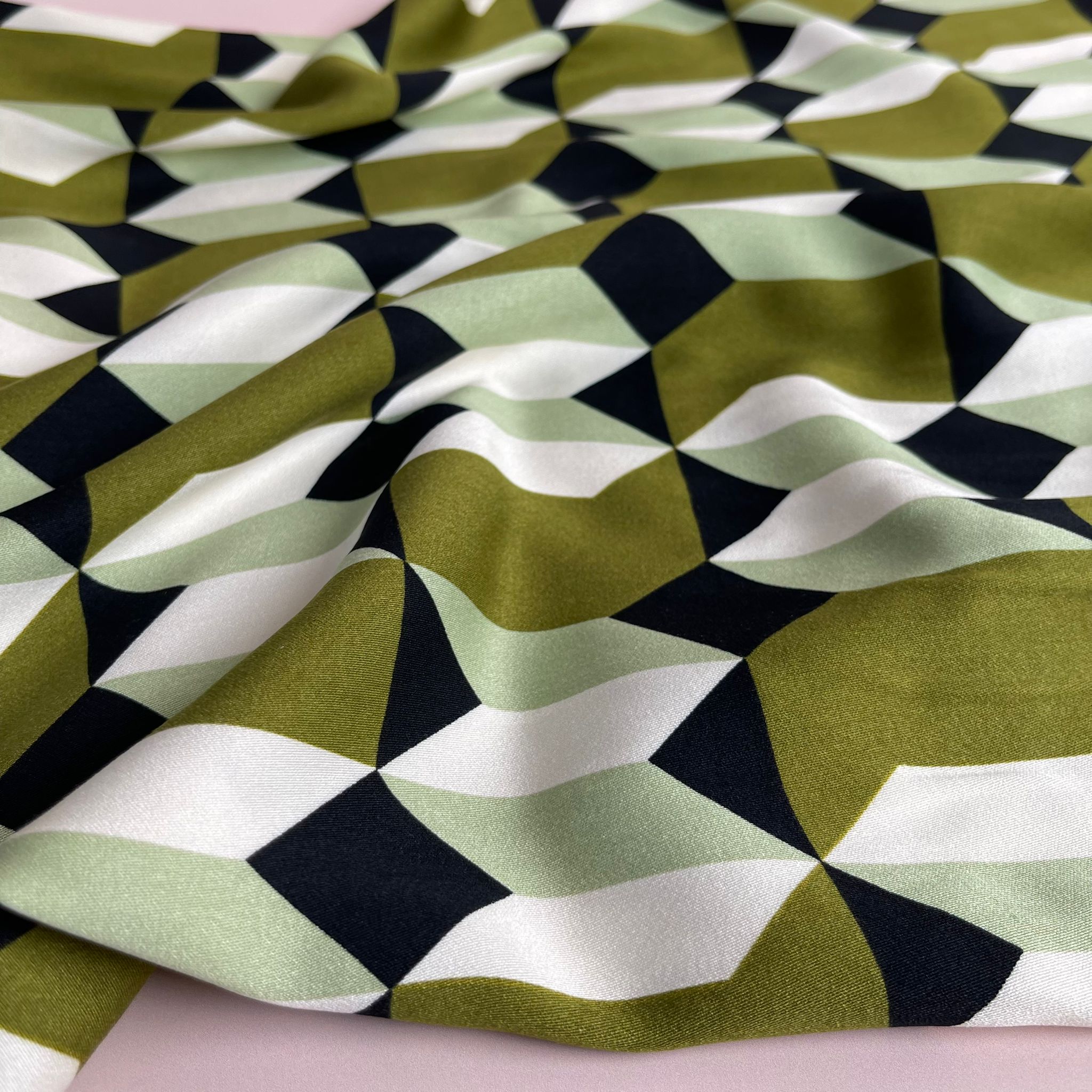 REMNANT 0.77 Metre - Abstract Shapes Olive Viscose Twill Sateen Fabric