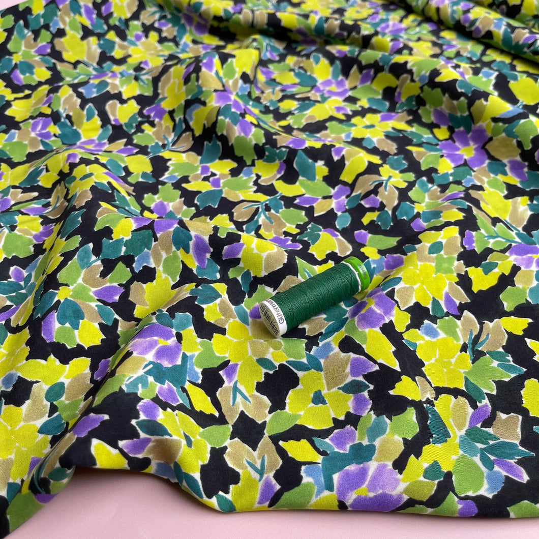 Meadow Flowers in Lime and Purple Viscose Fabric