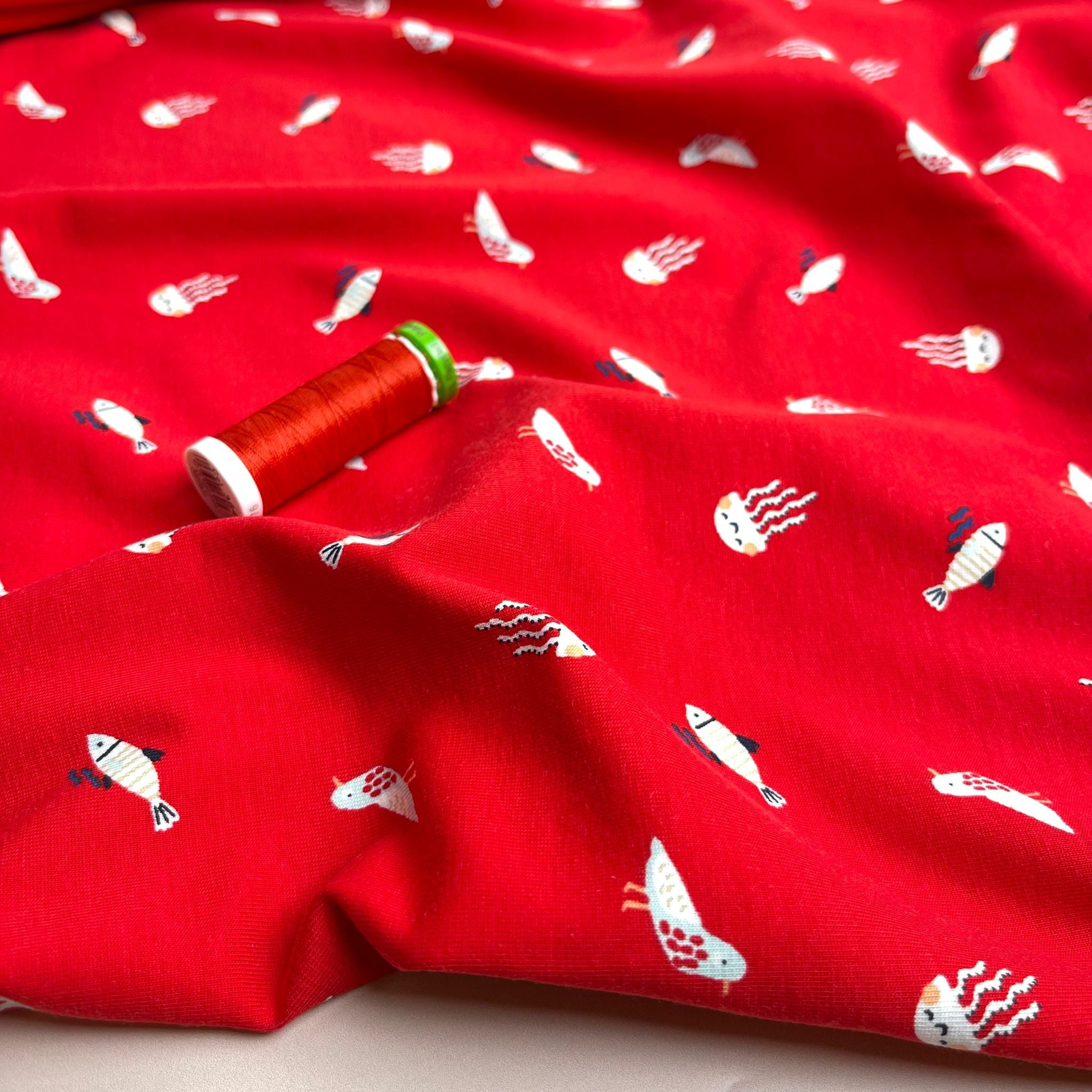 Under The Sea Red Cotton Jersey Fabric