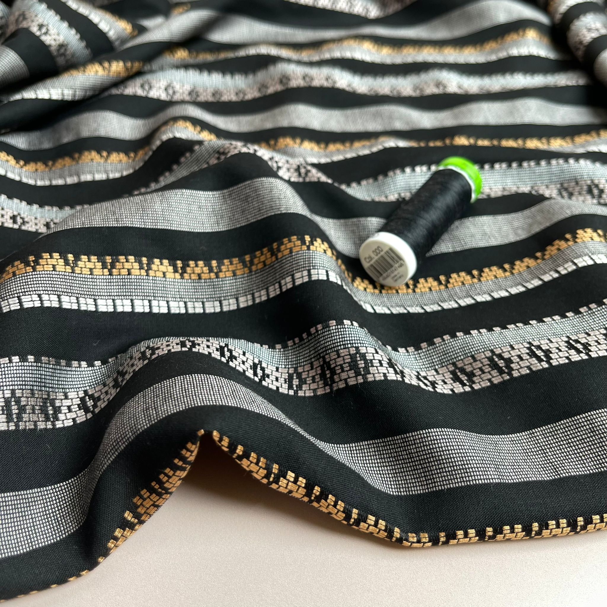 Yarn Dyed Embroidered Stripes on Black Viscose Fabric