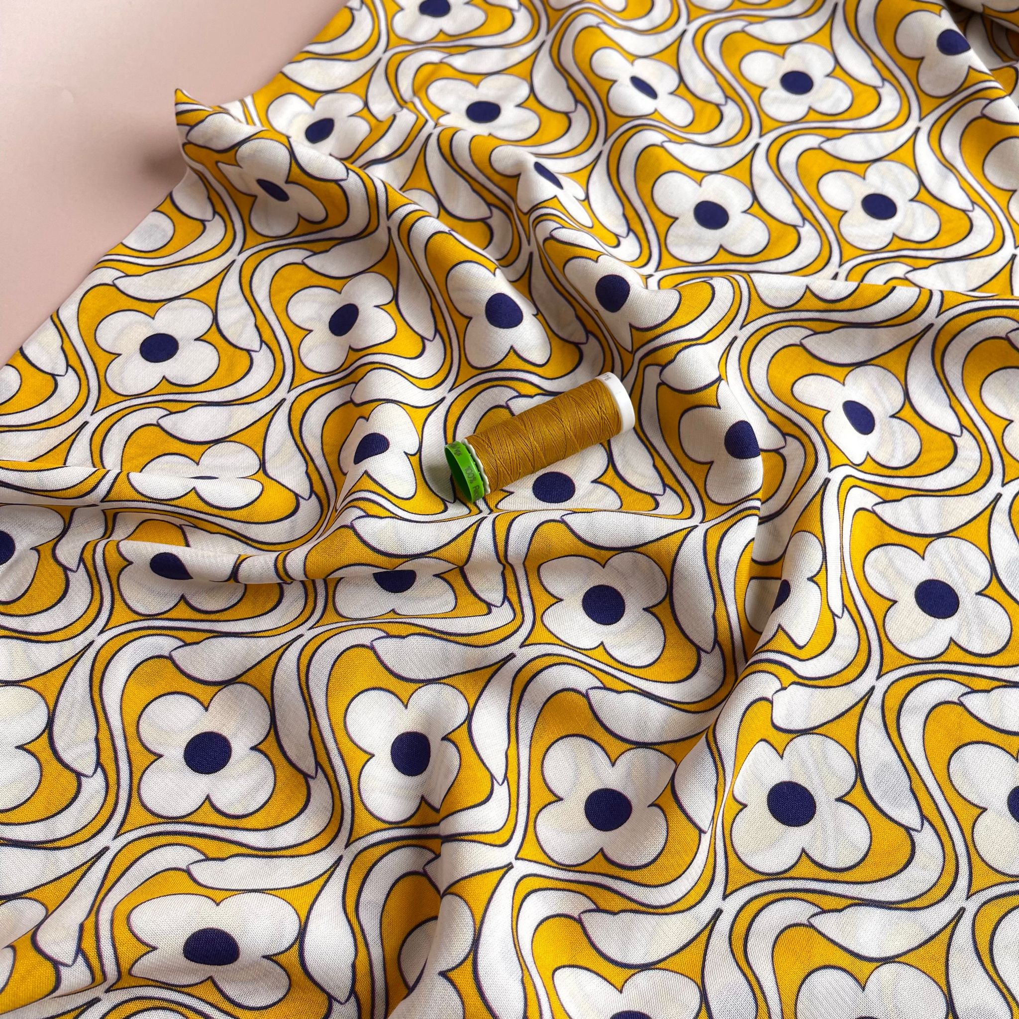 Groovy Flowers on Yellow Viscose Fabric