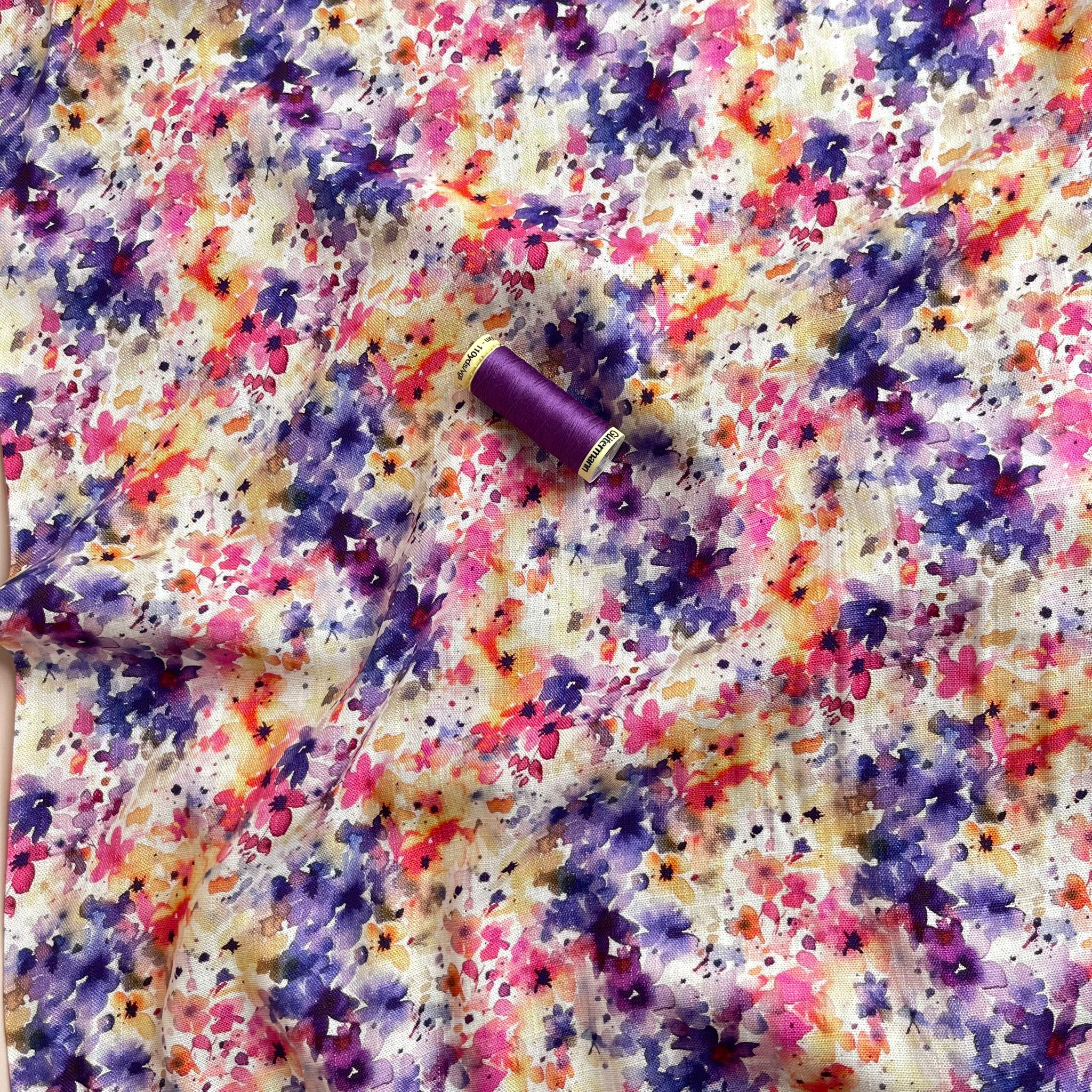 Purple Meadow Viscose Linen Fabric