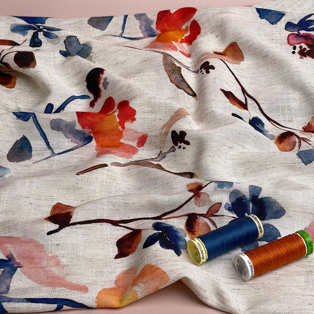 REMNANT 0.75 Metre - Apricot and Blue Florals Viscose Linen Fabric