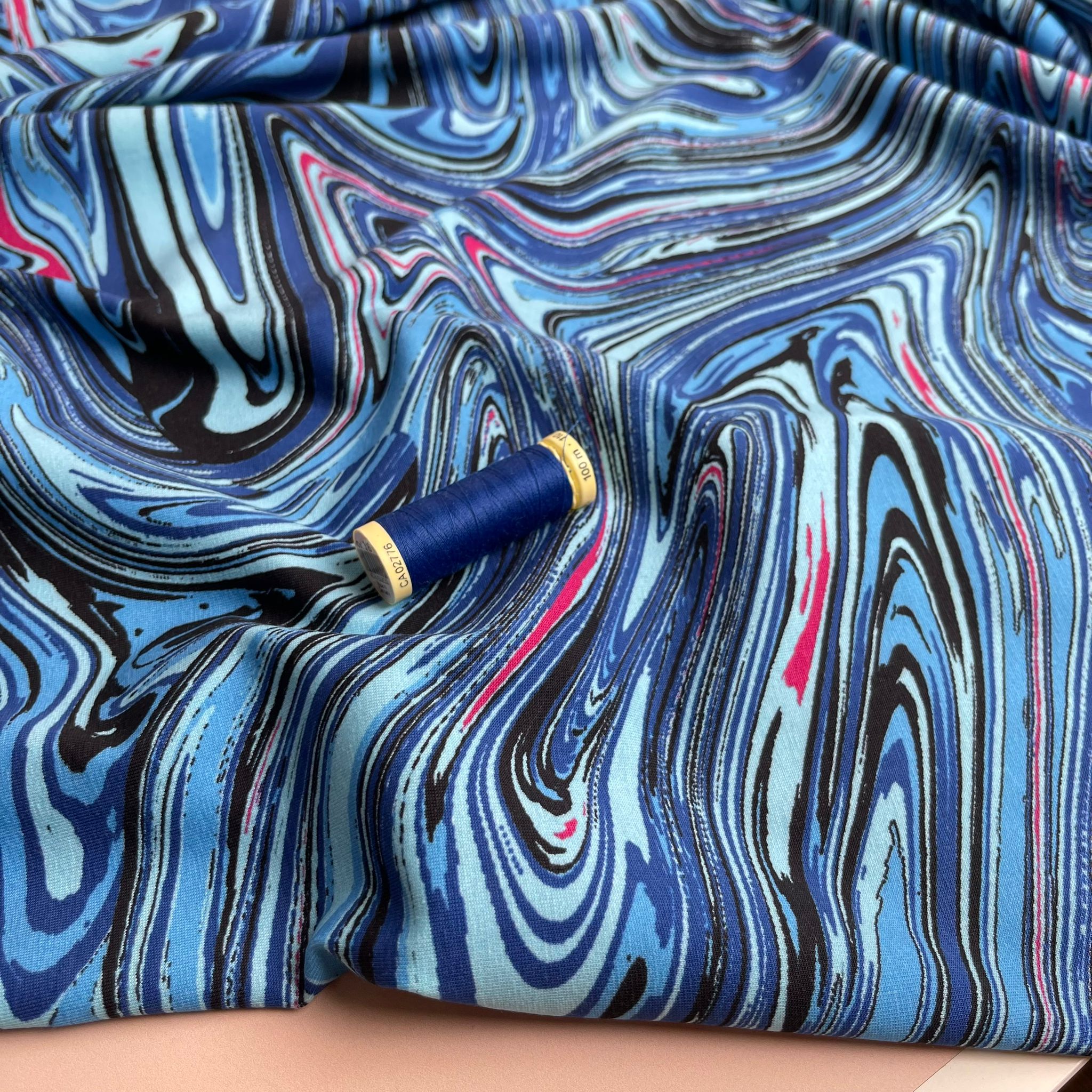 REMNANT 2.31 Metres - Danish Design - Cobalt Swirls Cotton Jersey Fabric