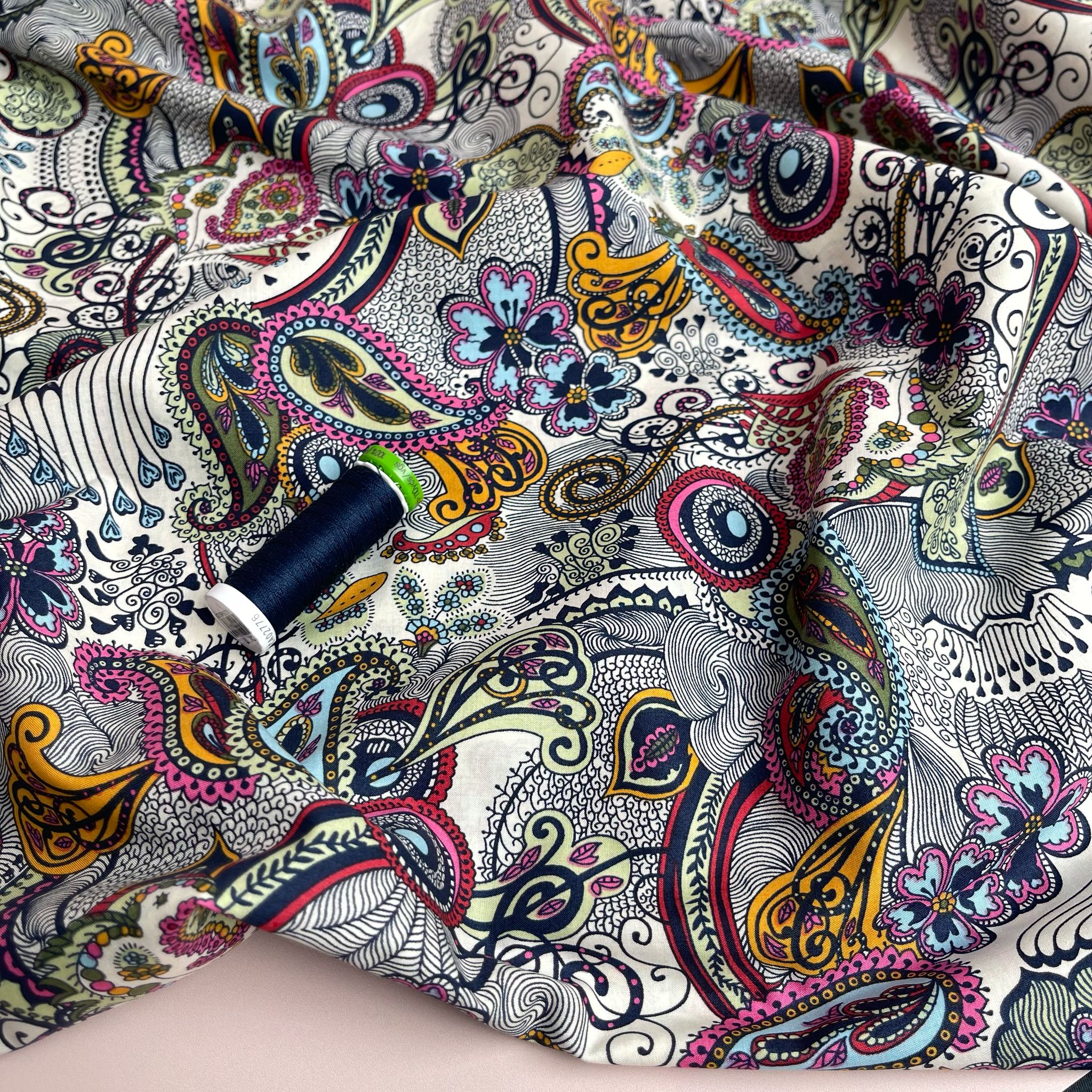 Summer Paisley on White Cotton Lawn Fabric