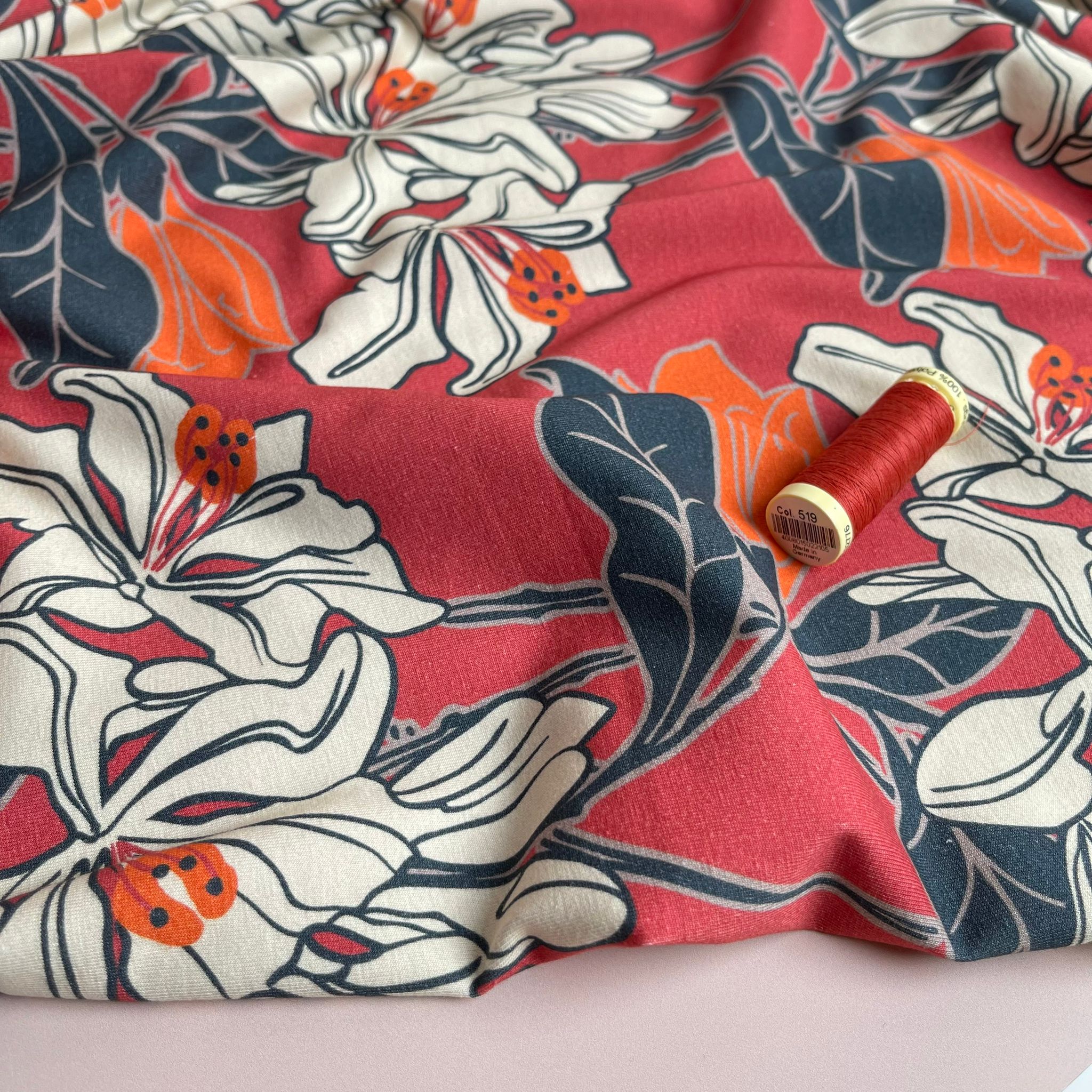 REMNANT 0.44 Metre (plus free sectin with hole) - Danish Design - Graphic Lilies Cotton Jersey Fabric